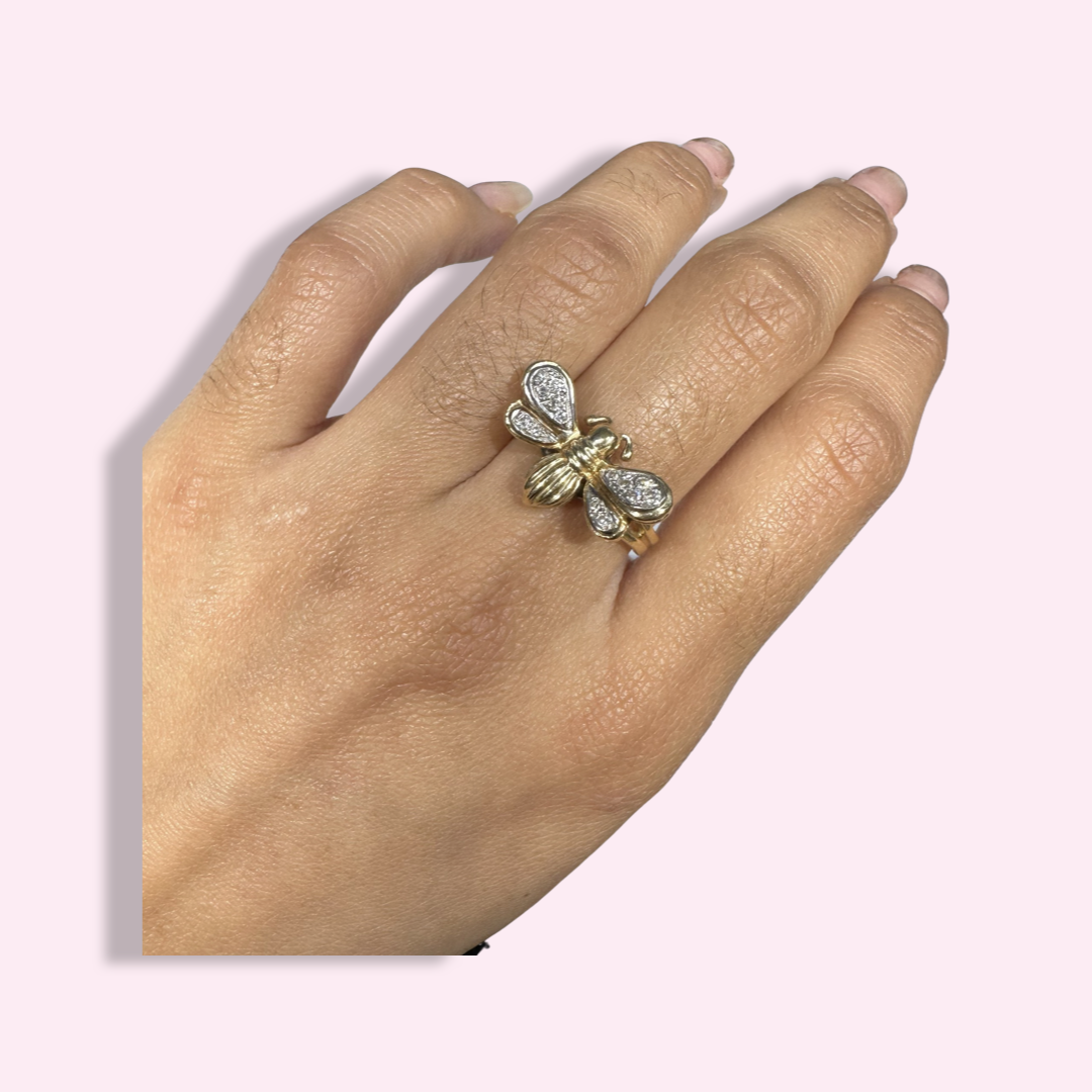 14K Yellow Gold Bee Diamond Winged Ring