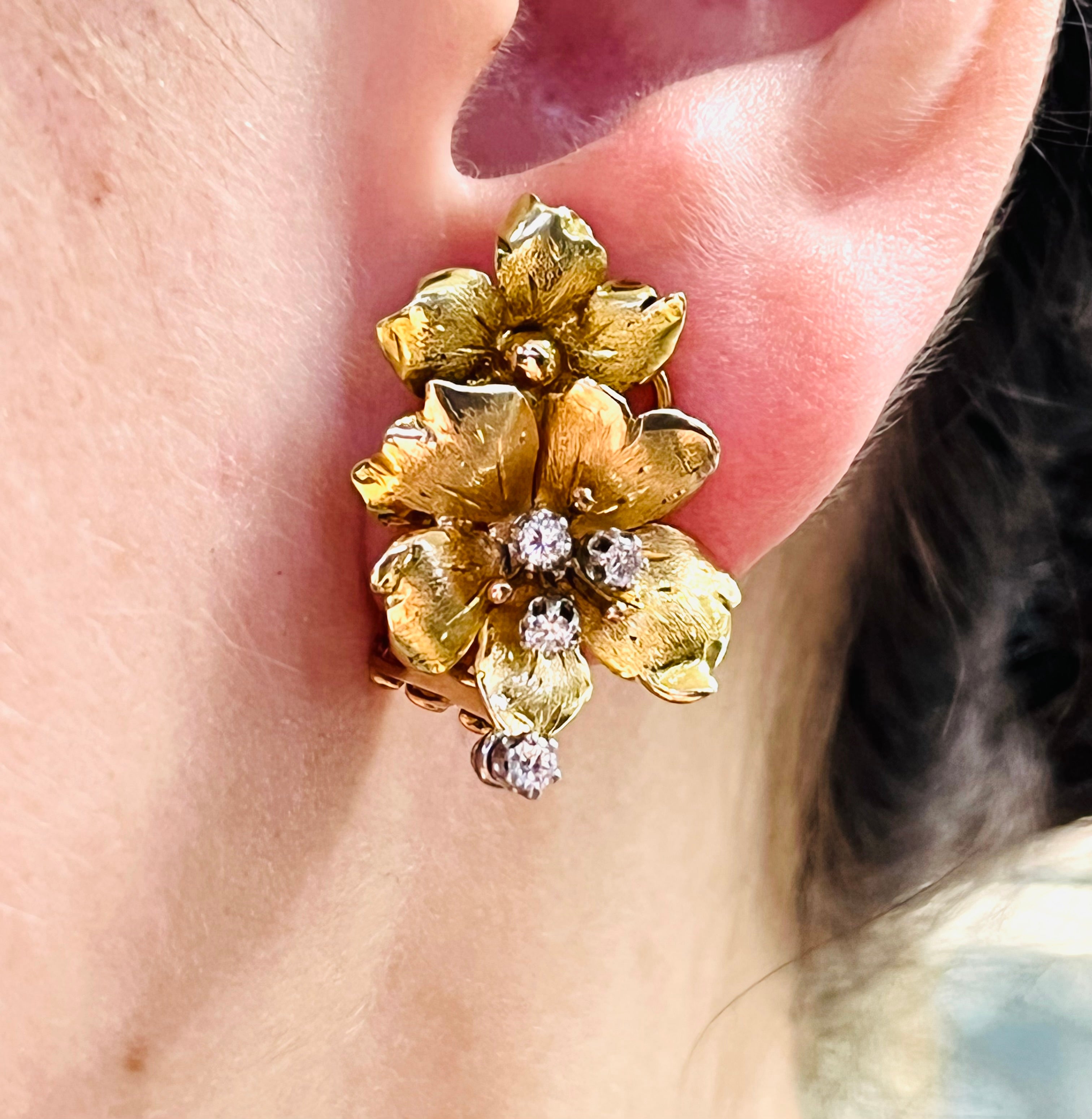 Gorgeous Antique Yellow and Rose Gold Flower Diamond Omega Back Earrings