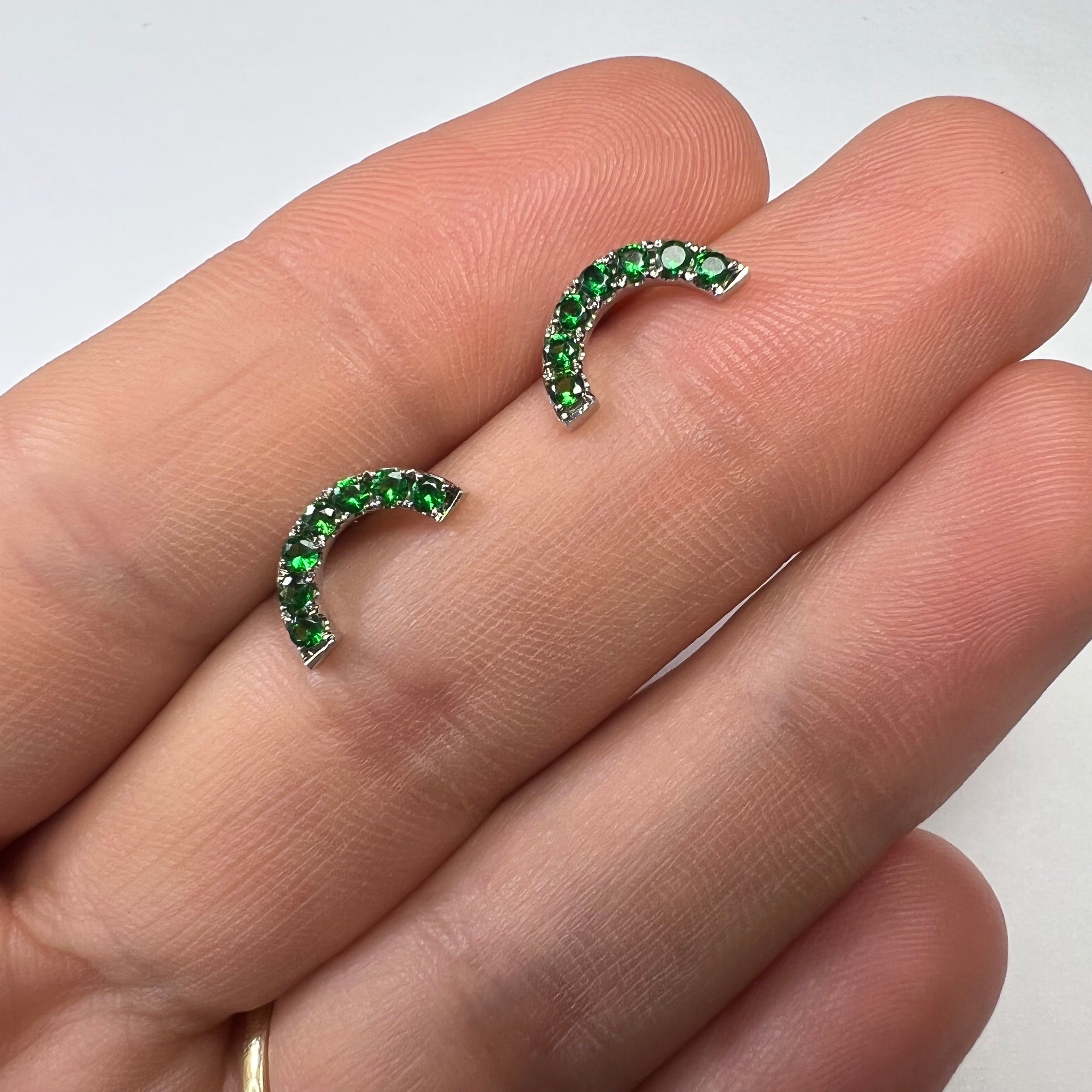 Solid 14K White Gold Crescent Moon Tsavorite Studs 12x6mm