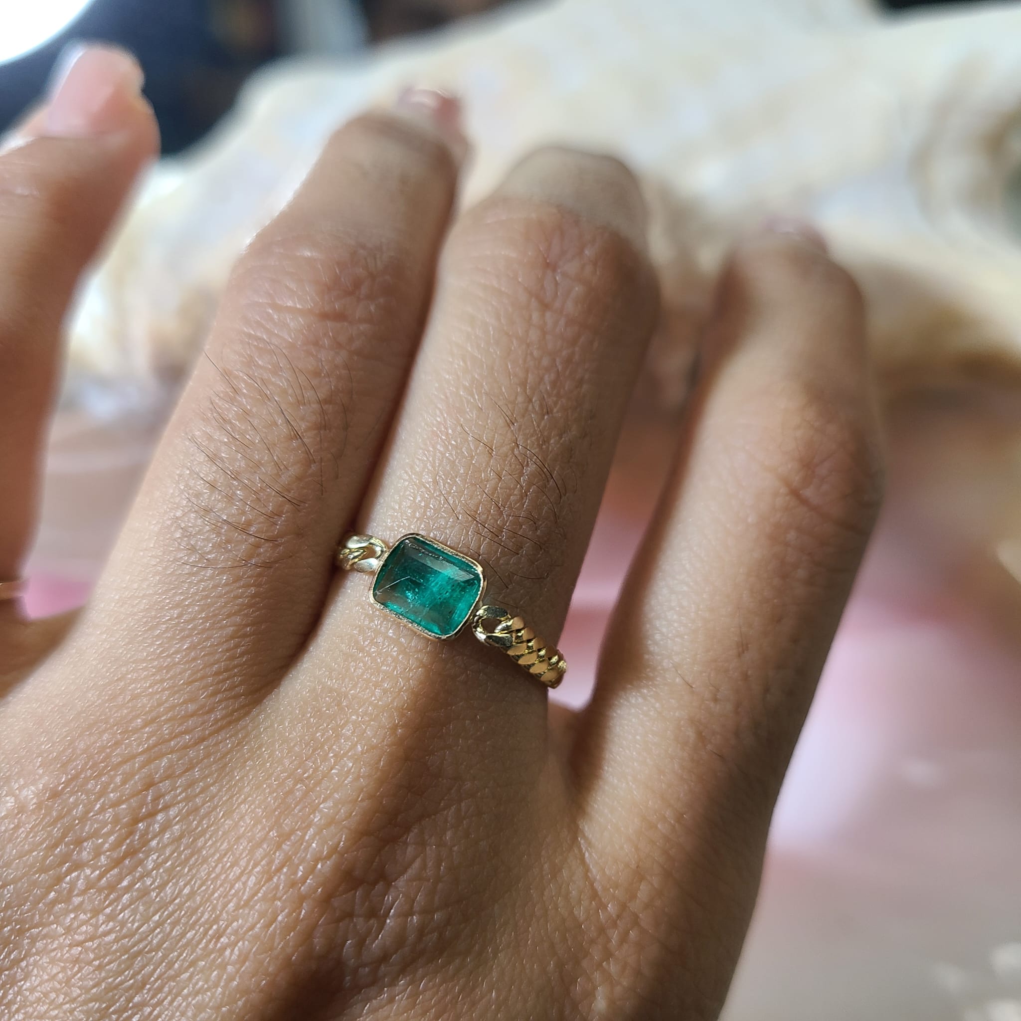 Solid 14K Yellow Gold Natural Emerald Cuban Chain Ring Size 7