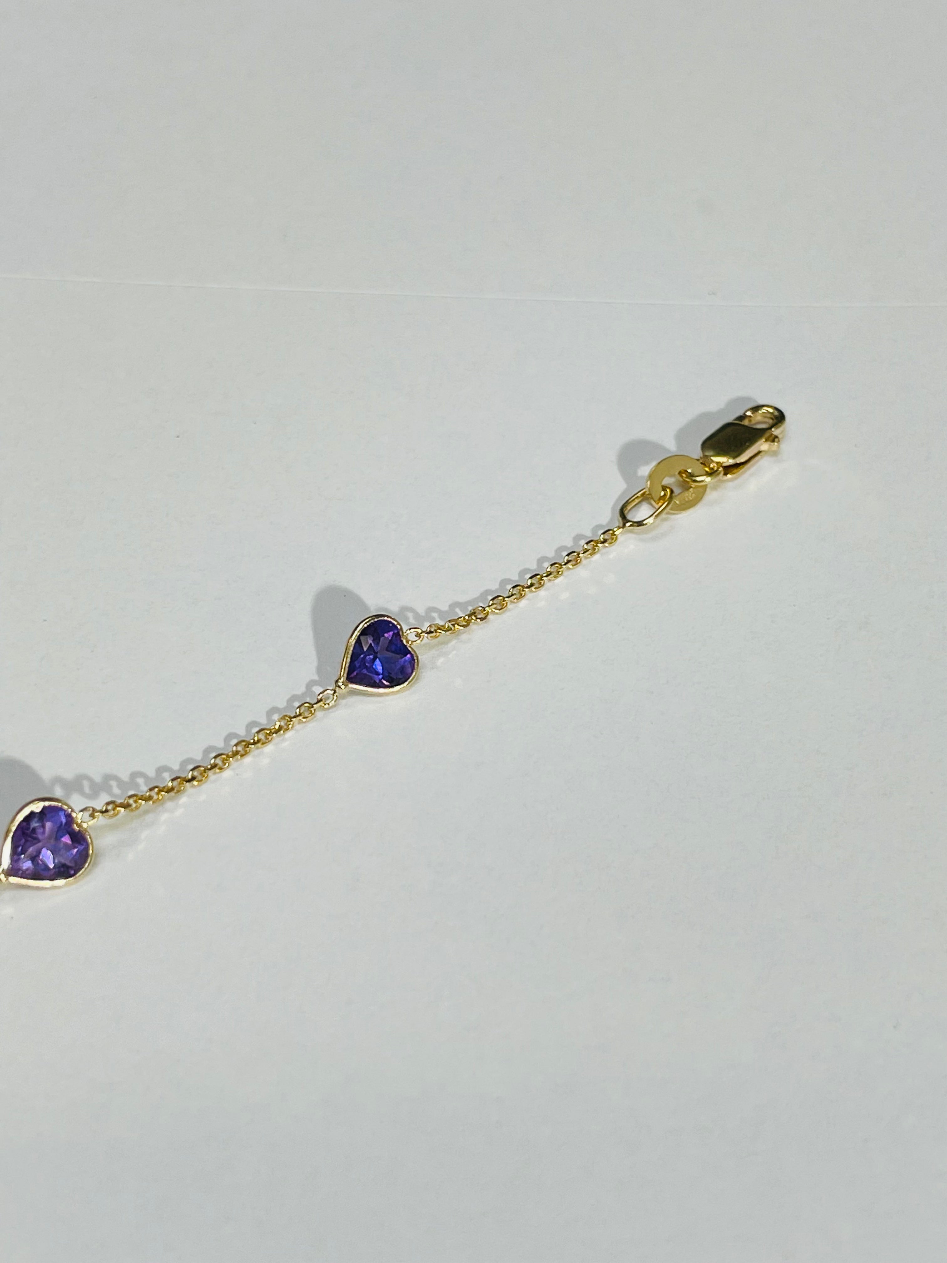 Natural Amethyst Sweet Heart Station Bracelet 14 Yellow Gold 6.25-6.75"