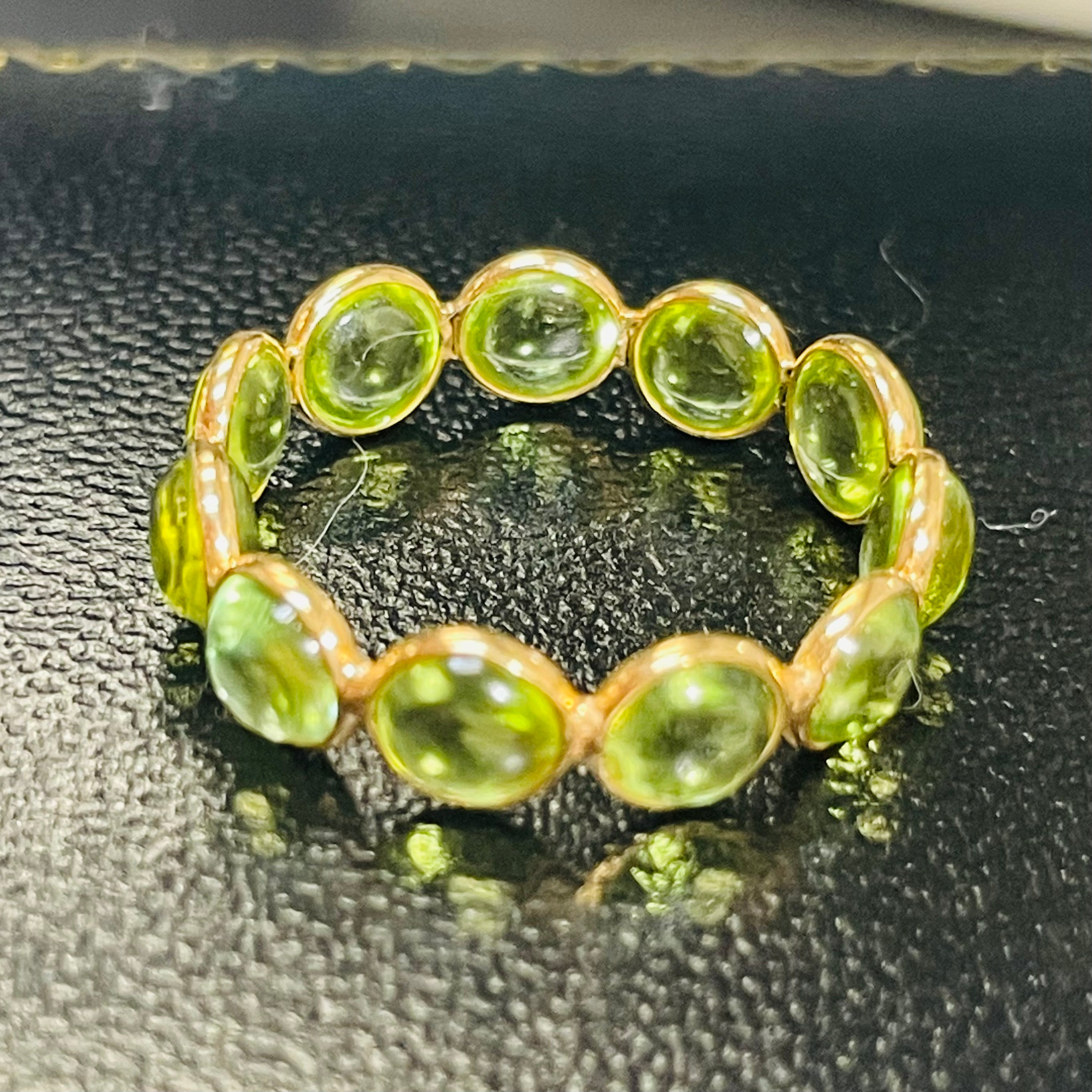 18K Yellow Gold Natural Round Cabochon Peridot Eternity Ring Size 6.25