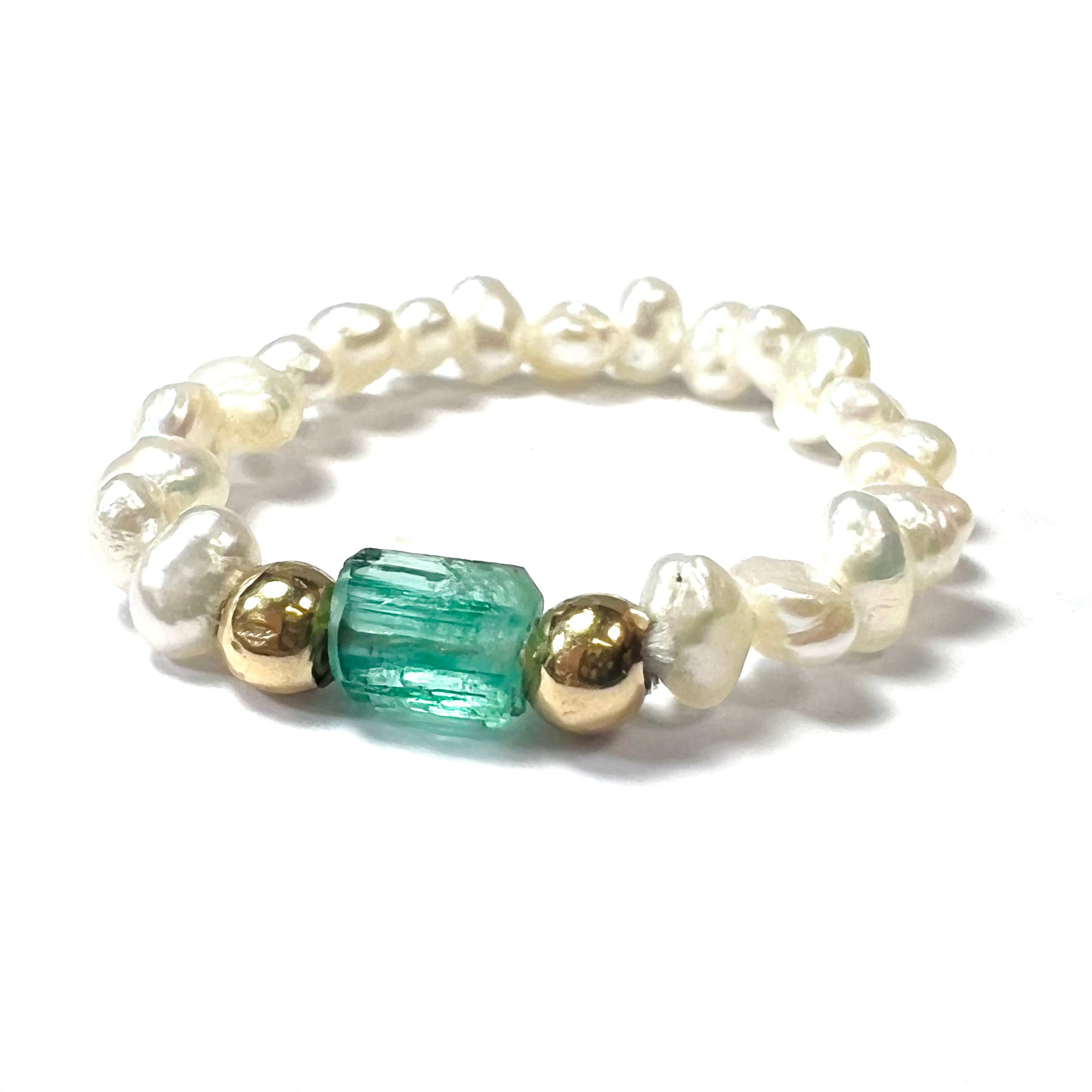 Natural Seed Pearl Eternity Rough Emerald & Gold Bead Ring Size 7.5
