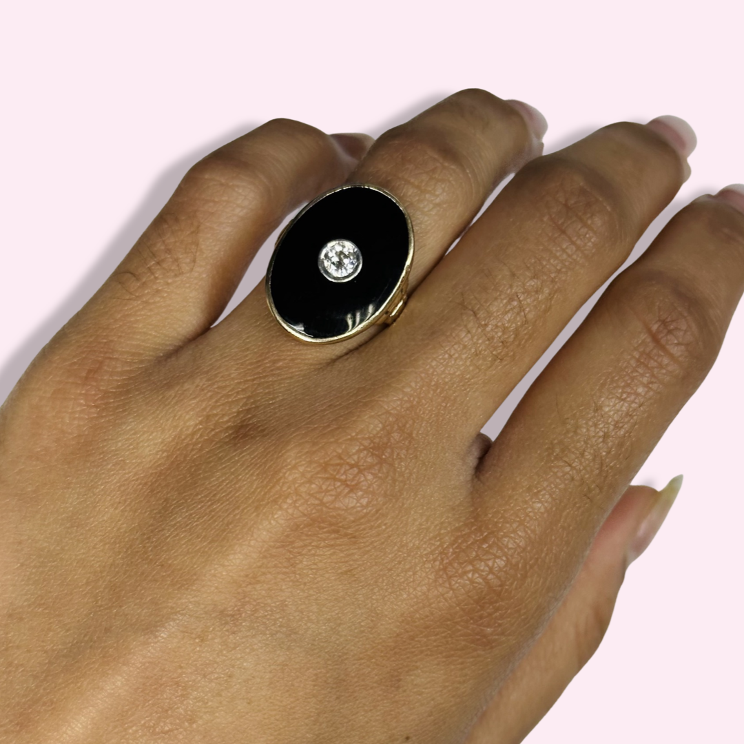 14K Yellow Gold Onyx with Natural Diamond Ring