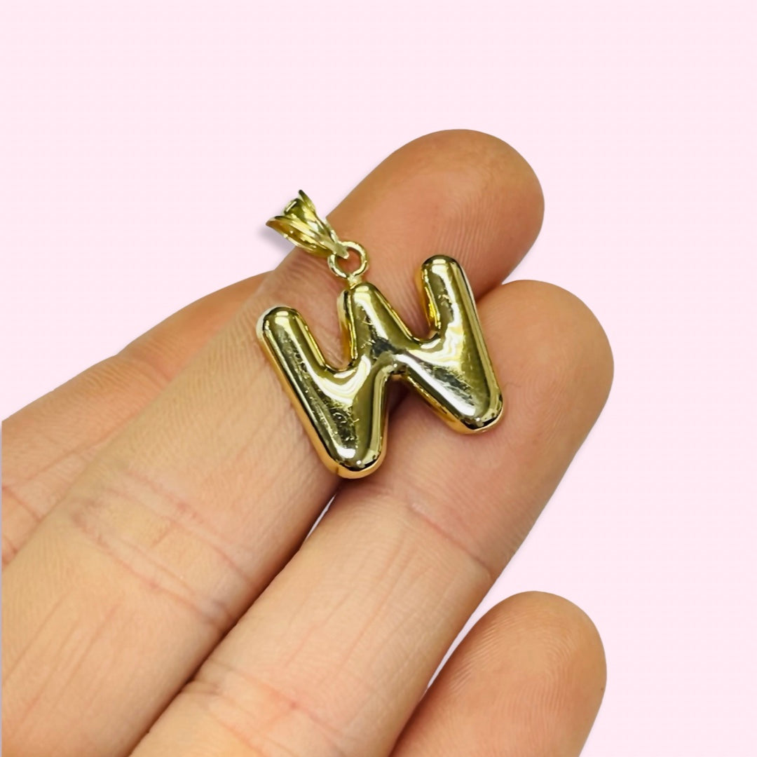 Initial W Puffy  Balloon Letter 10K Yellow Gold Pendant