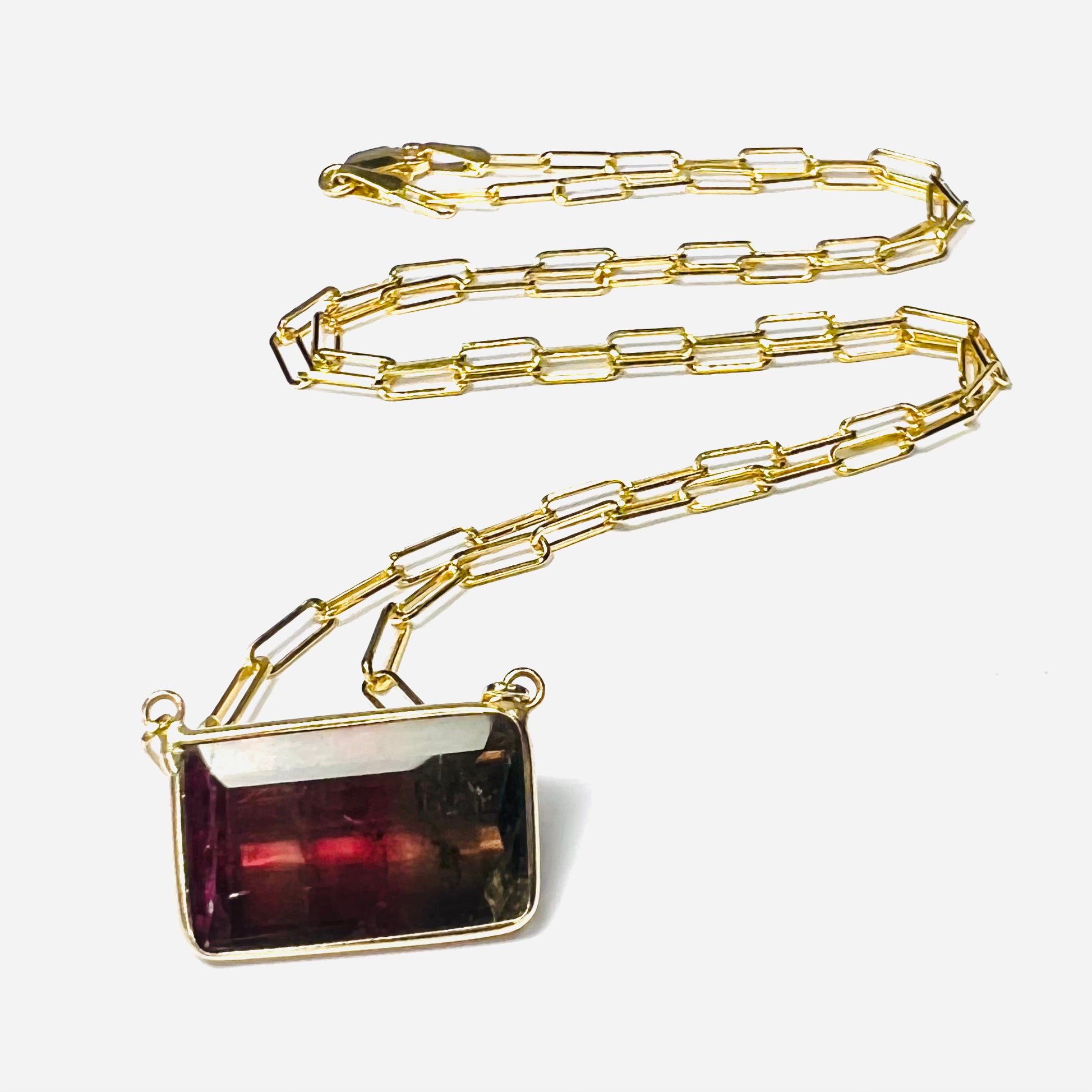 Red Tourmaline 18" 14K Yellow Gold Paperclip Necklace
