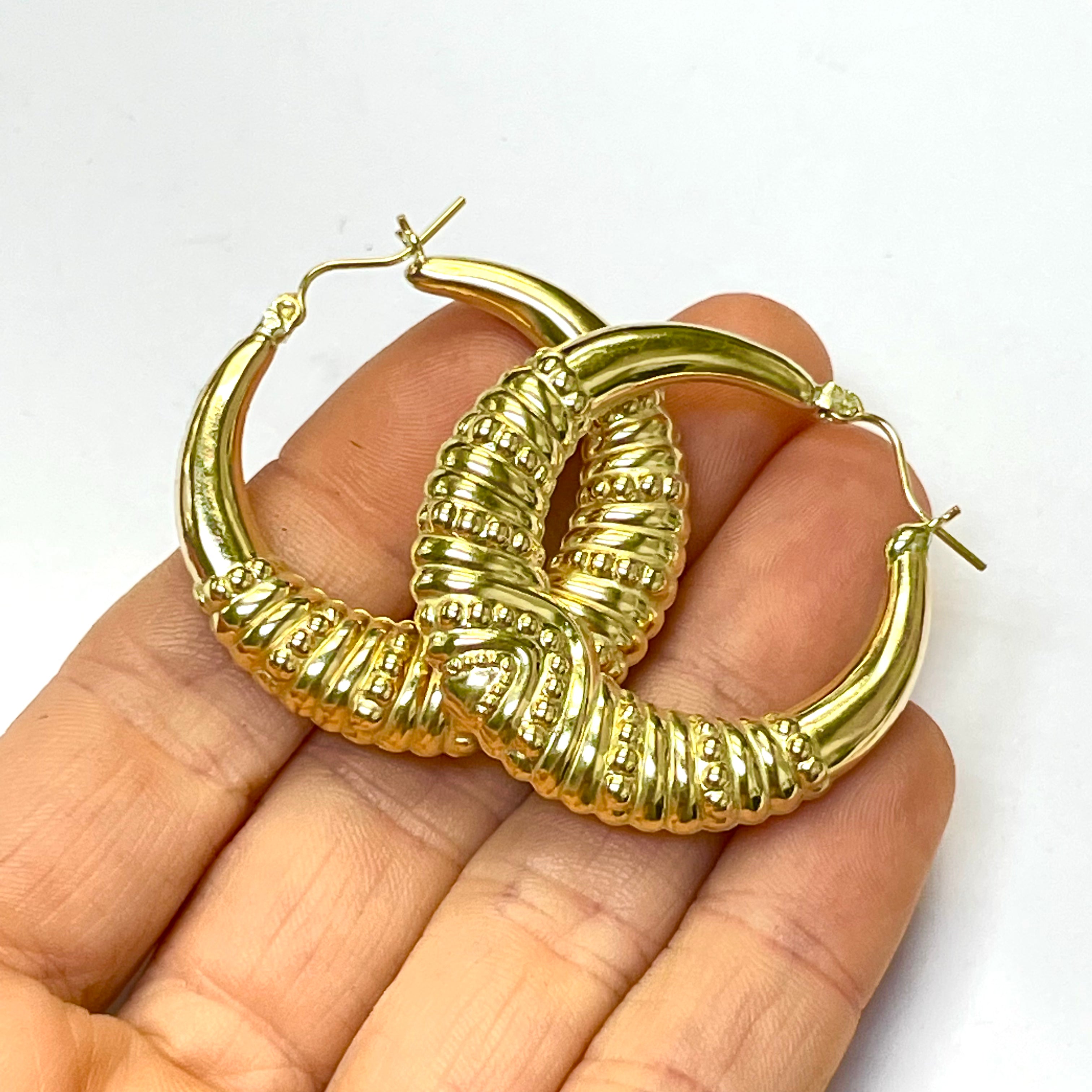 1.5” 10K Yellow Gold Ornate Puffy Tapered Hoop Earrings