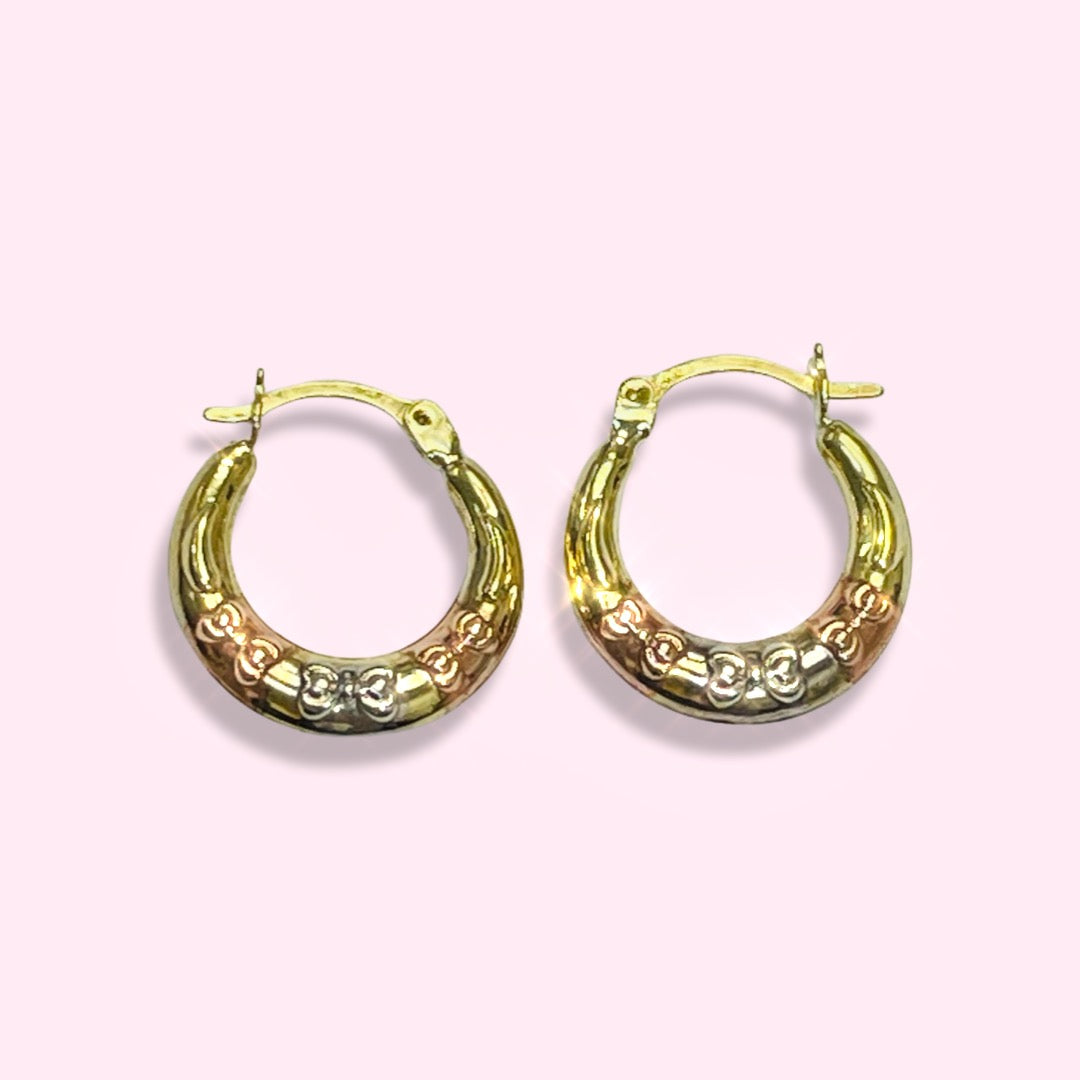 .65” 10K Tritone Rose White Yellow Gold Tapered Puffy Bows Hoop Earrings