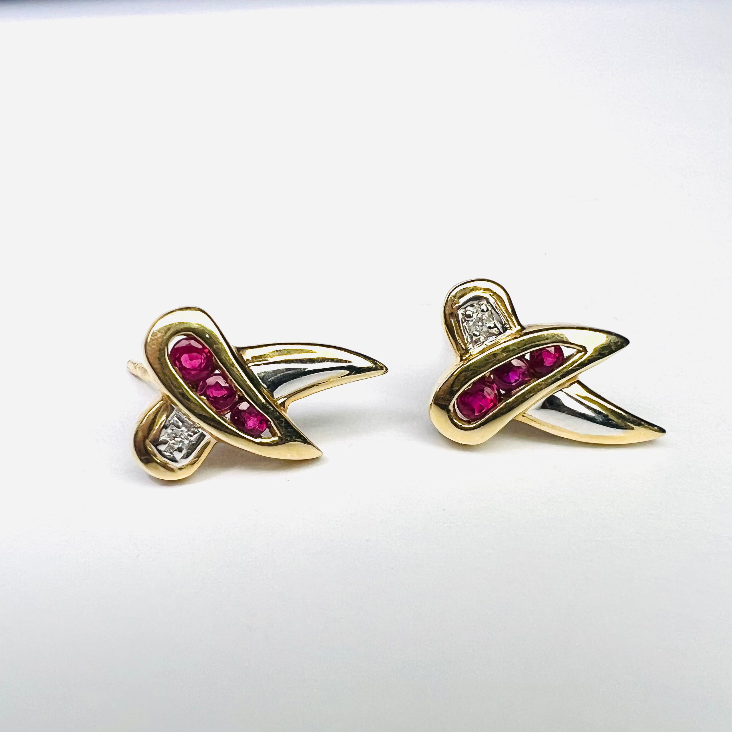 14K White And Yellow Gold .33ct Ruby & .01ct Diamond Cross Earring Pushback Studs 13x8mm