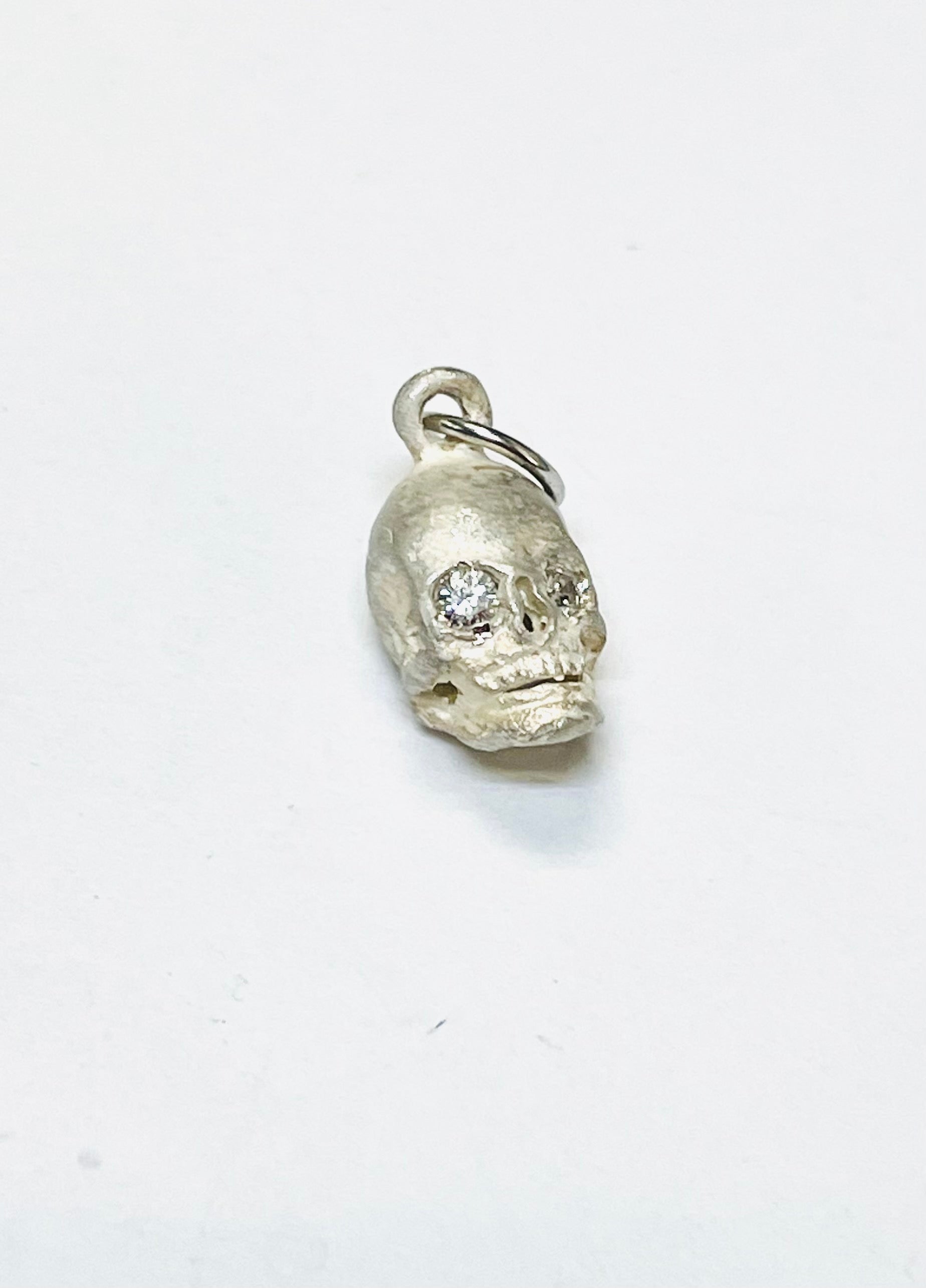 Natural Diamond and Sterling Silver Raw Skull Charm Pendant