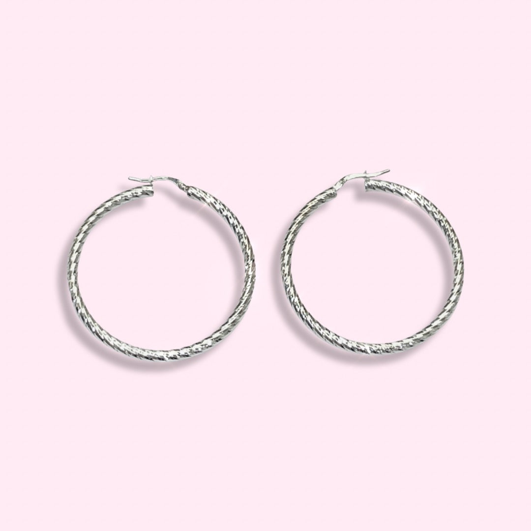 1.75” 3mm 10K White Gold Diamond Cut Round Hoop Earrings