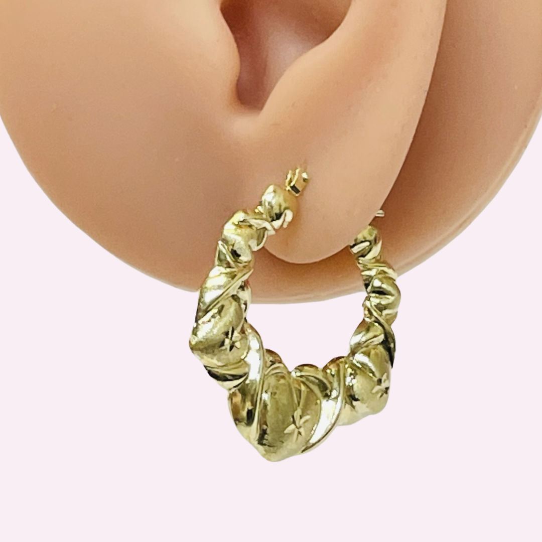 1.25” 10K Yellow Gold Puffy Heart and X Hoops