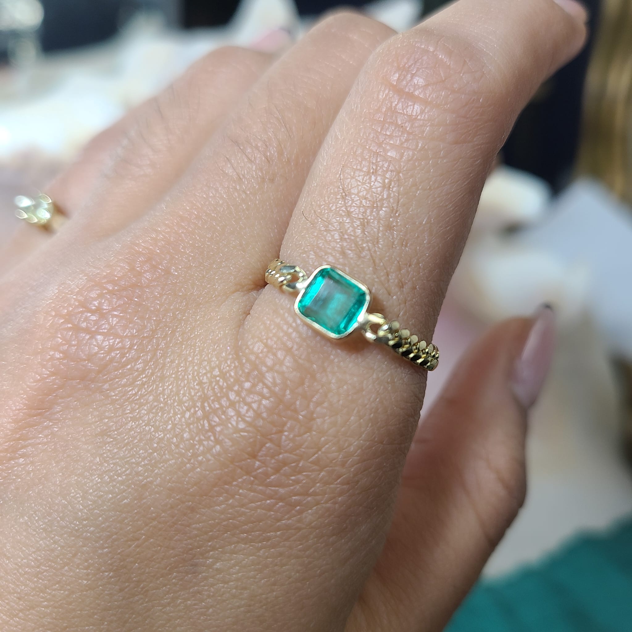 Solid 14K Yellow Gold Natural Square Emerald Cuban Chain Ring Size 7