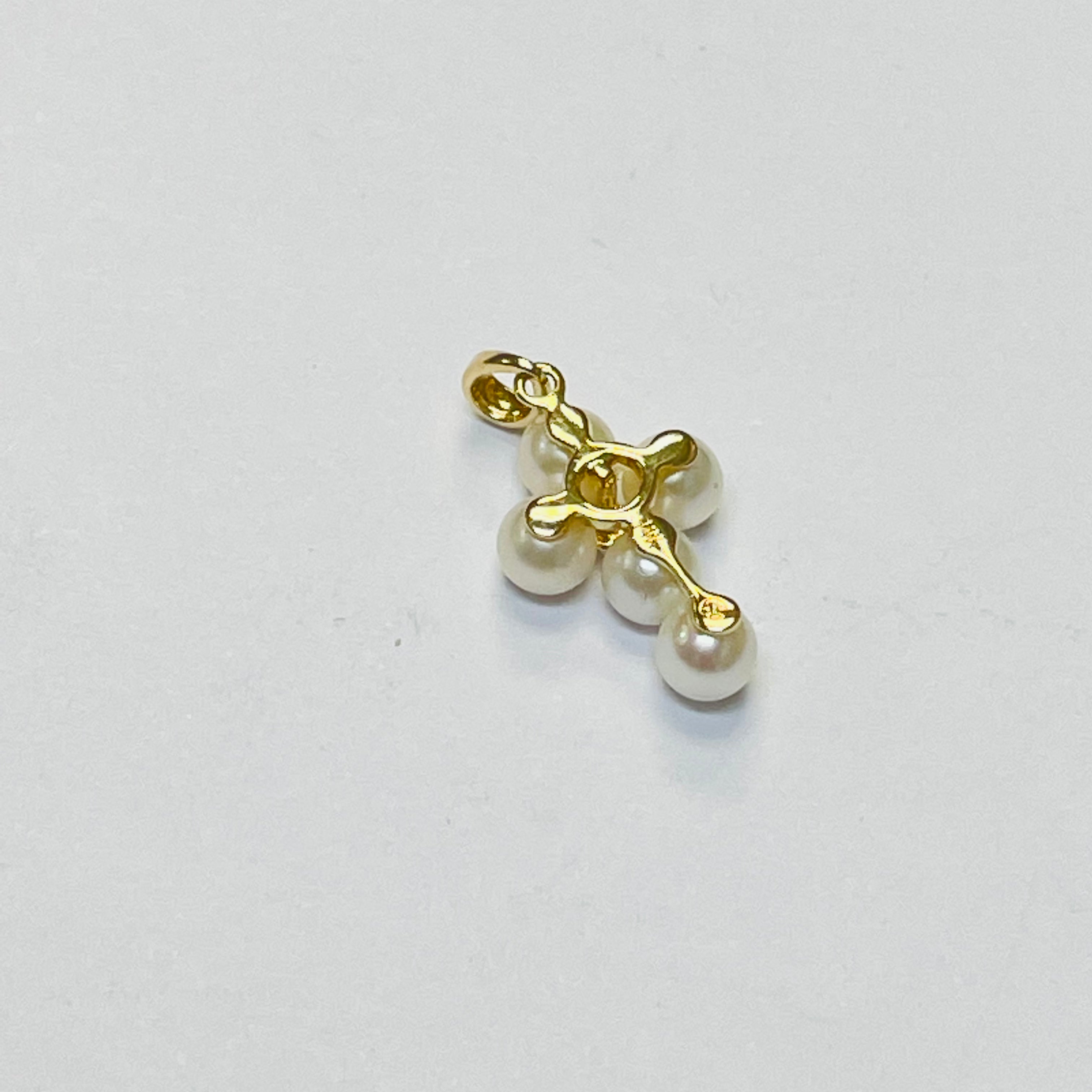 14K Yellow Gold Pearl and Diamond Cross Pendant Charm