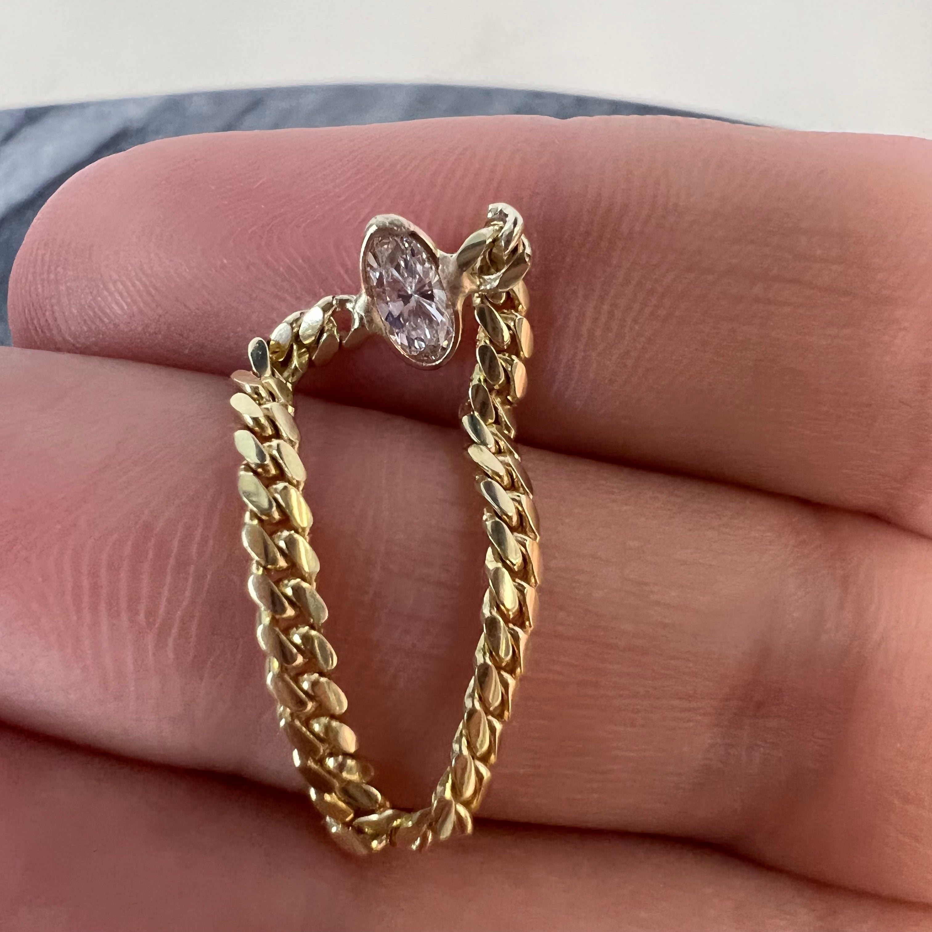 Solid 14K Yellow Gold Natural Diamond Cuban Chain Ring Size 7.5
