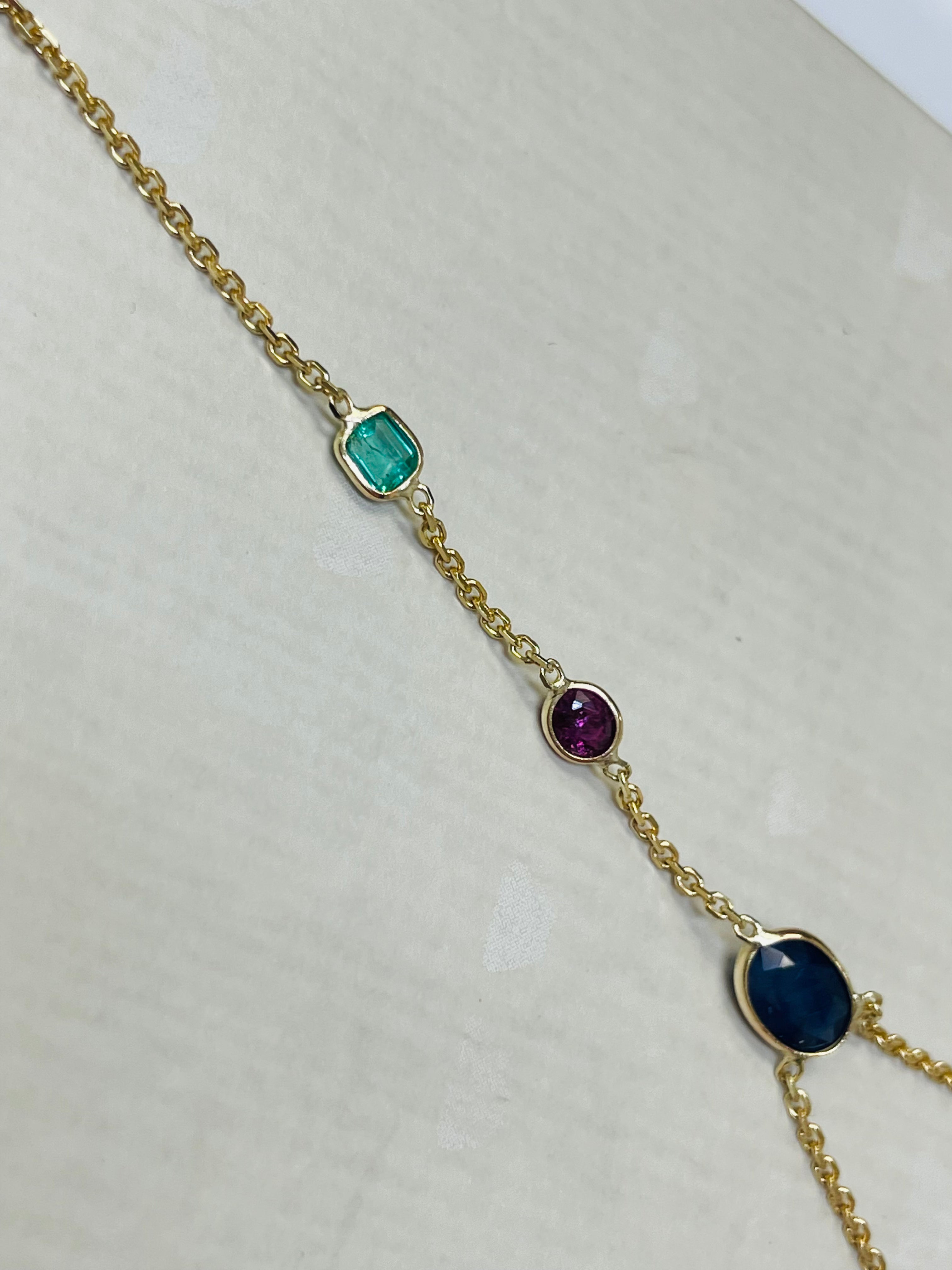 Emerald Ruby Sapphire Hand Chain Solid 14k Yellow Gold