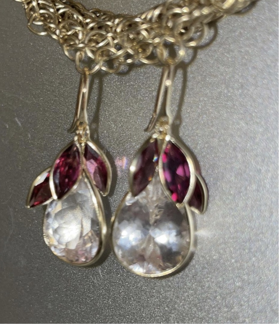 Garnet and Kunzite Pear Drop Earrings 14K Gold