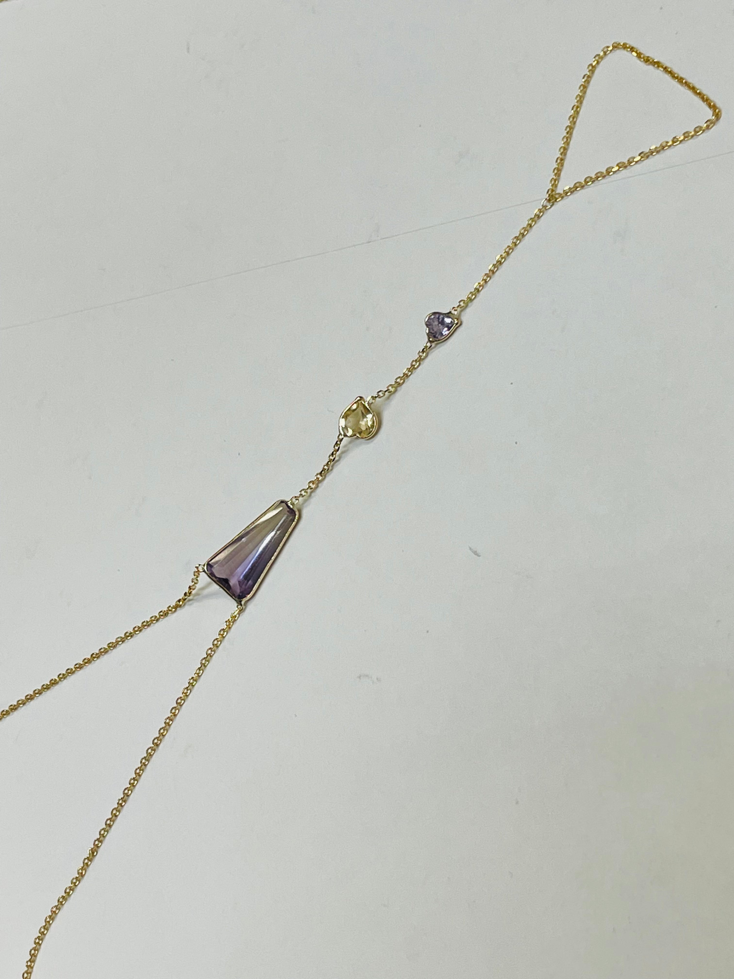 Ametrine Citrine Sapphire Pastel Hand Chain Solid 14k Yellow Gold