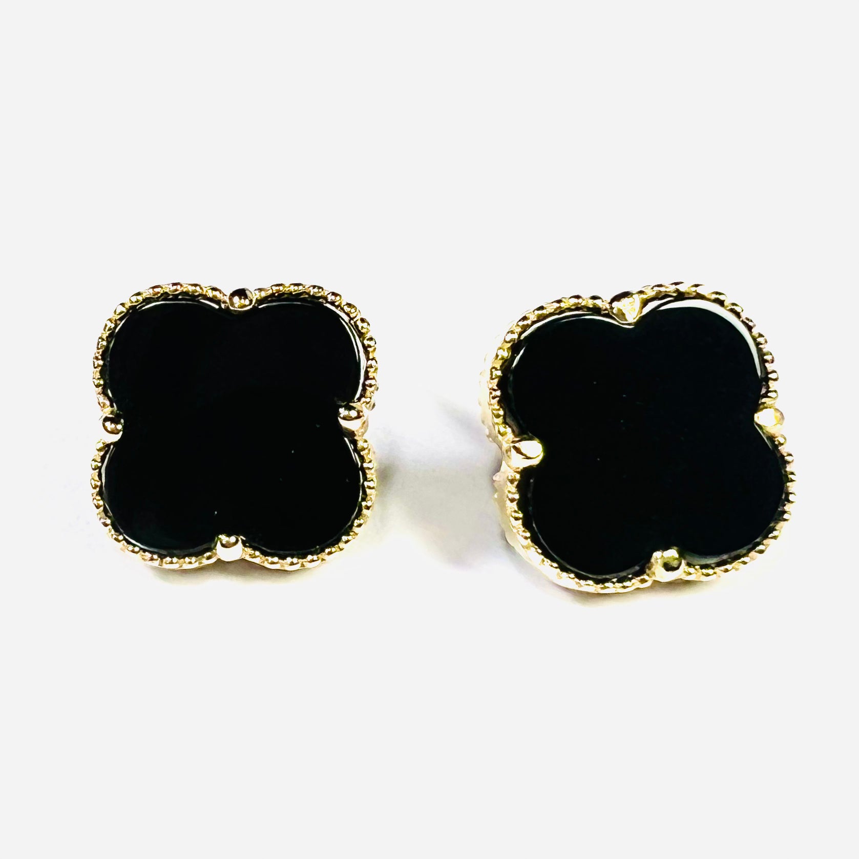 14K Yellow Gold Black Onyx Clover Earring Studs 13x13mm
