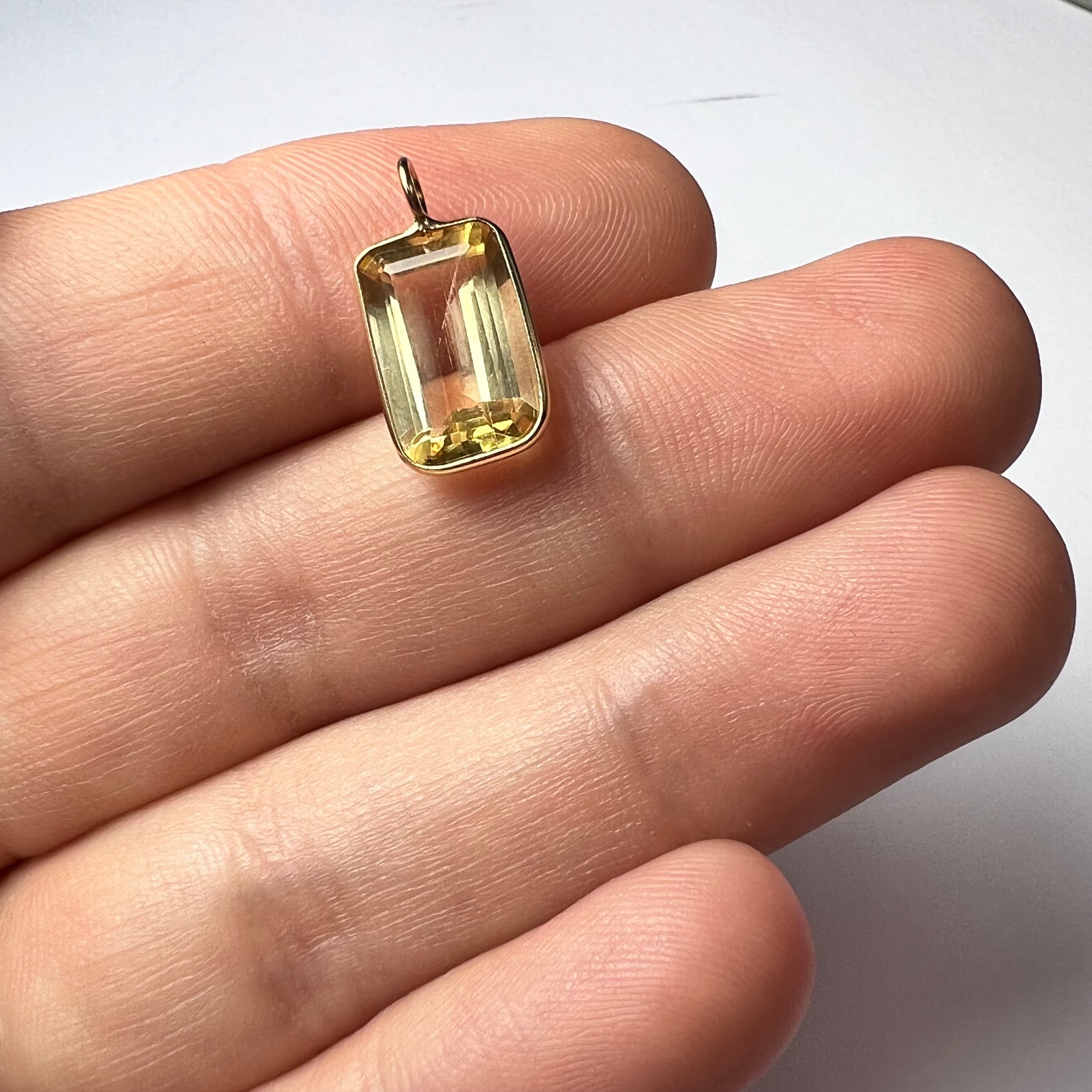 Natural Yellow Beryl Emerald Cut 14K Yellow Gold Pendant Charm 17x9mm