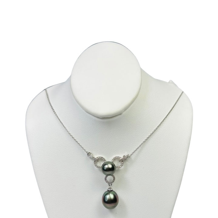 Black Pearl and Pave Diamond 18K White Gold Necklace 16"