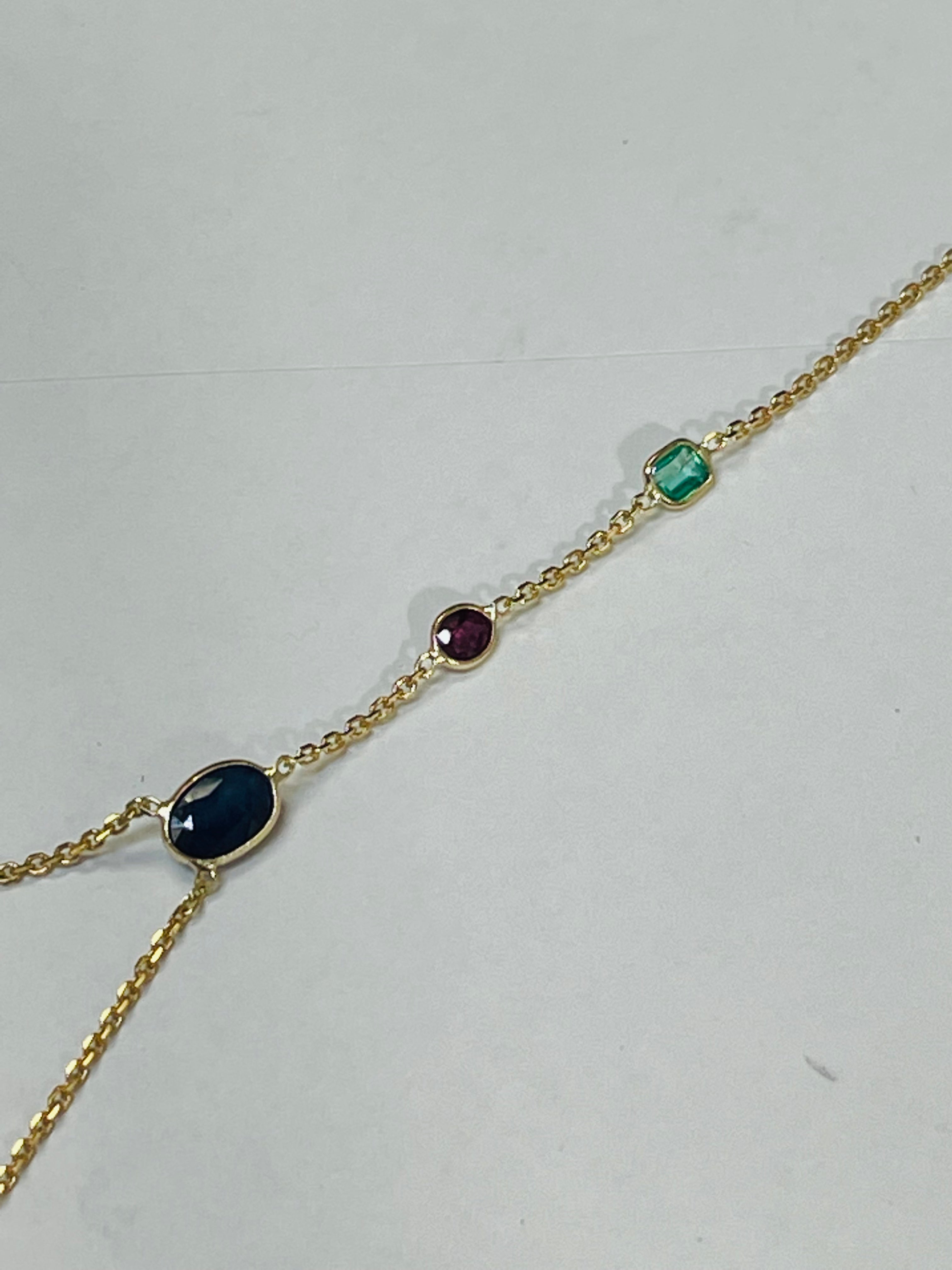 Emerald Ruby Sapphire Hand Chain Solid 14k Yellow Gold