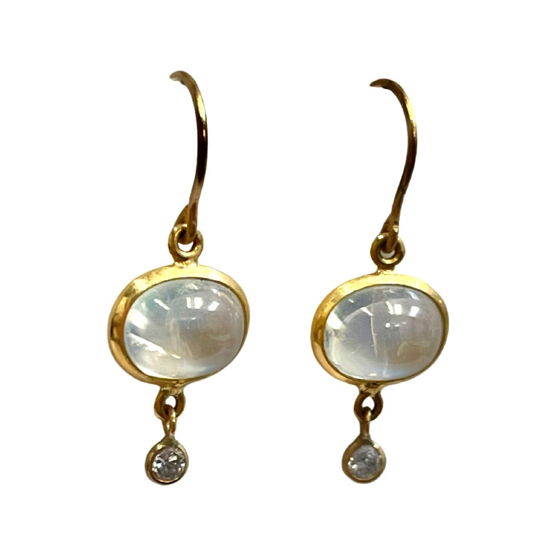 Diamond Moonstone Earrings in solid 14k Yellow Gold .9" Long