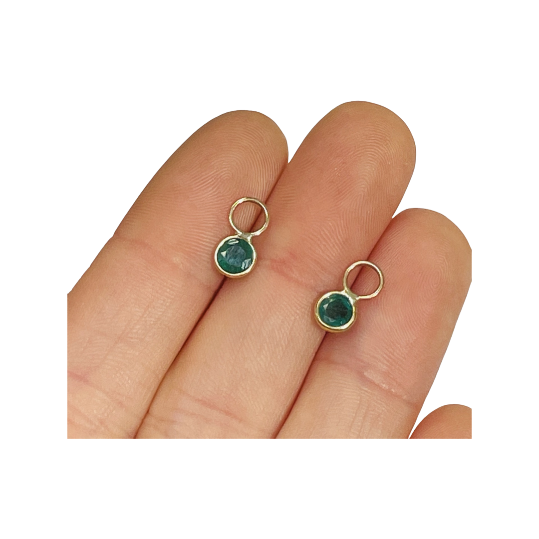 14K Yellow Gold Round Emerald Hoop Earring Charm Pair
