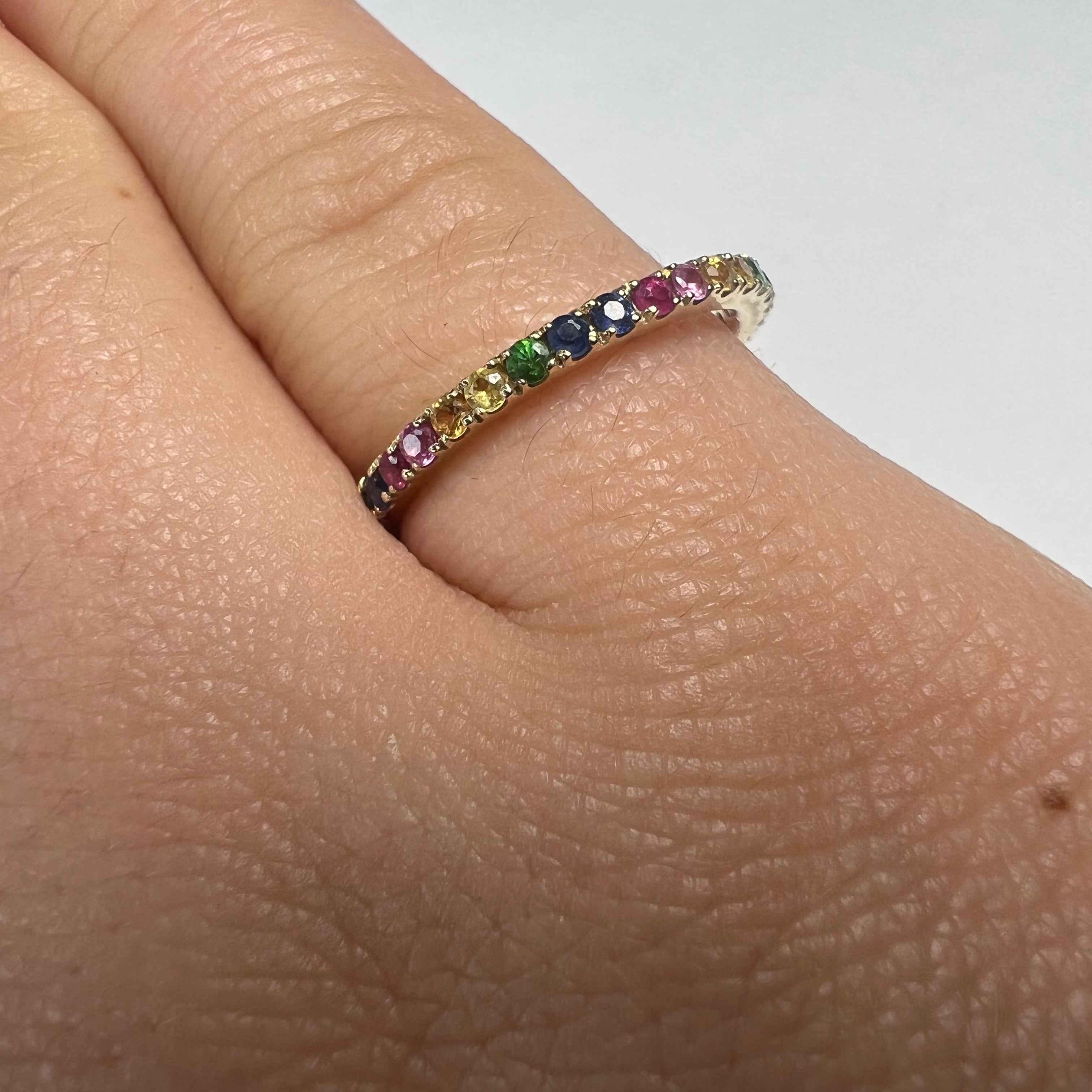 Solid 14K Yellow Gold Natural Rainbow Sapphire Eternity Ring Band Size 6.5
