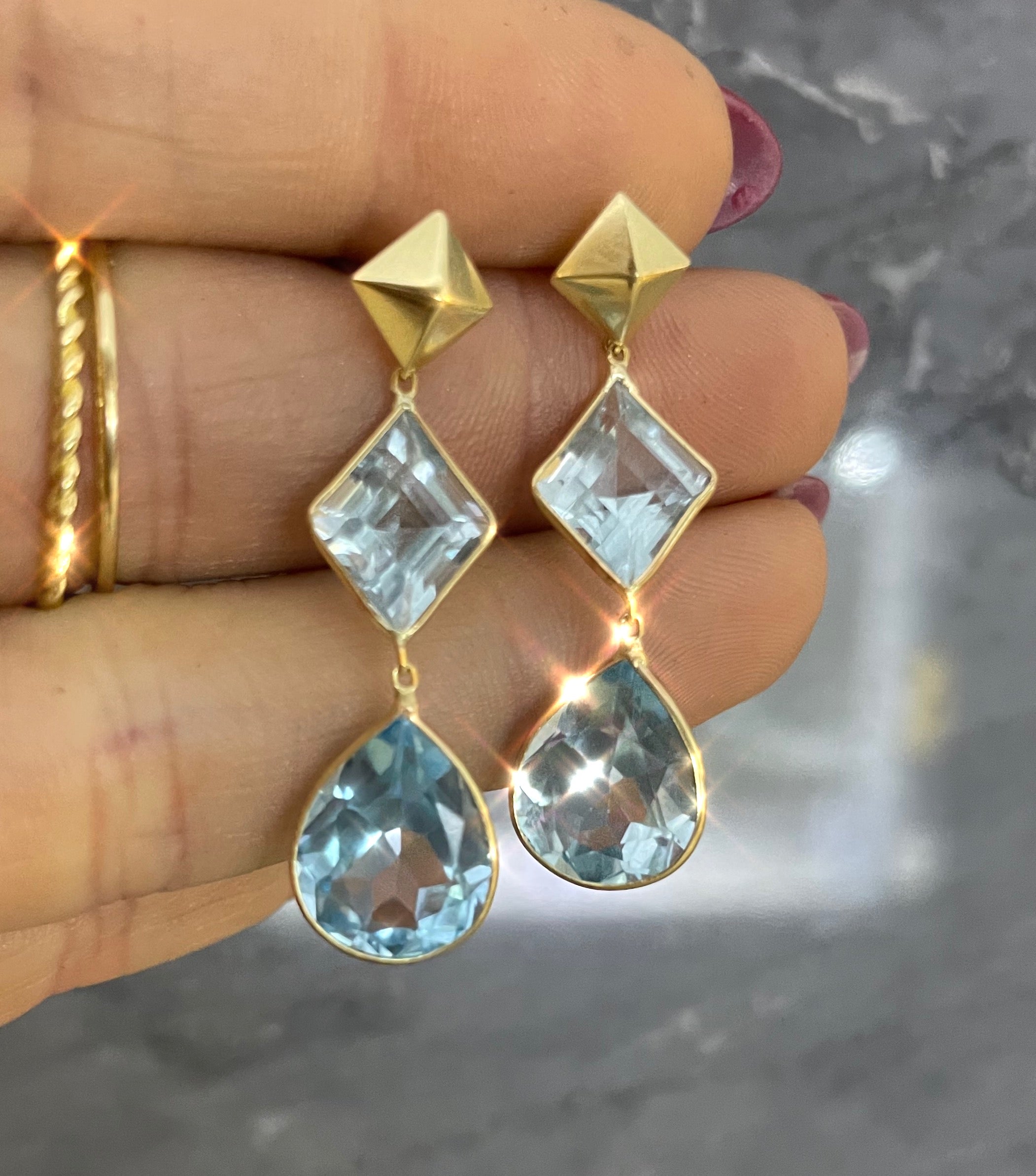 Blue Topaz Lozenge and Pear Shape Drop Earrings 14K Yellow Gold