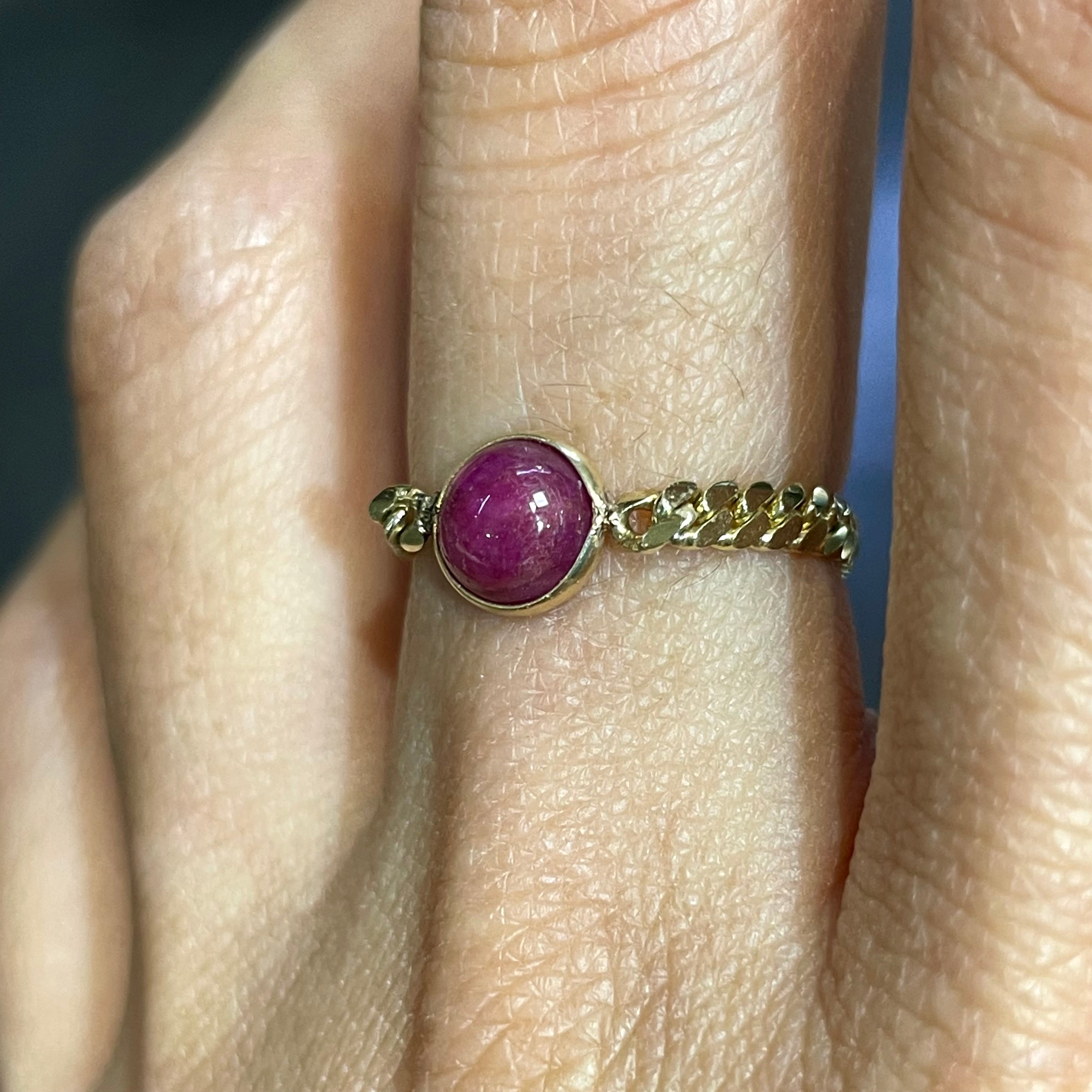 Solid 14K Yellow Gold Natural Ruby Cuban Chain Ring Size 6.75
