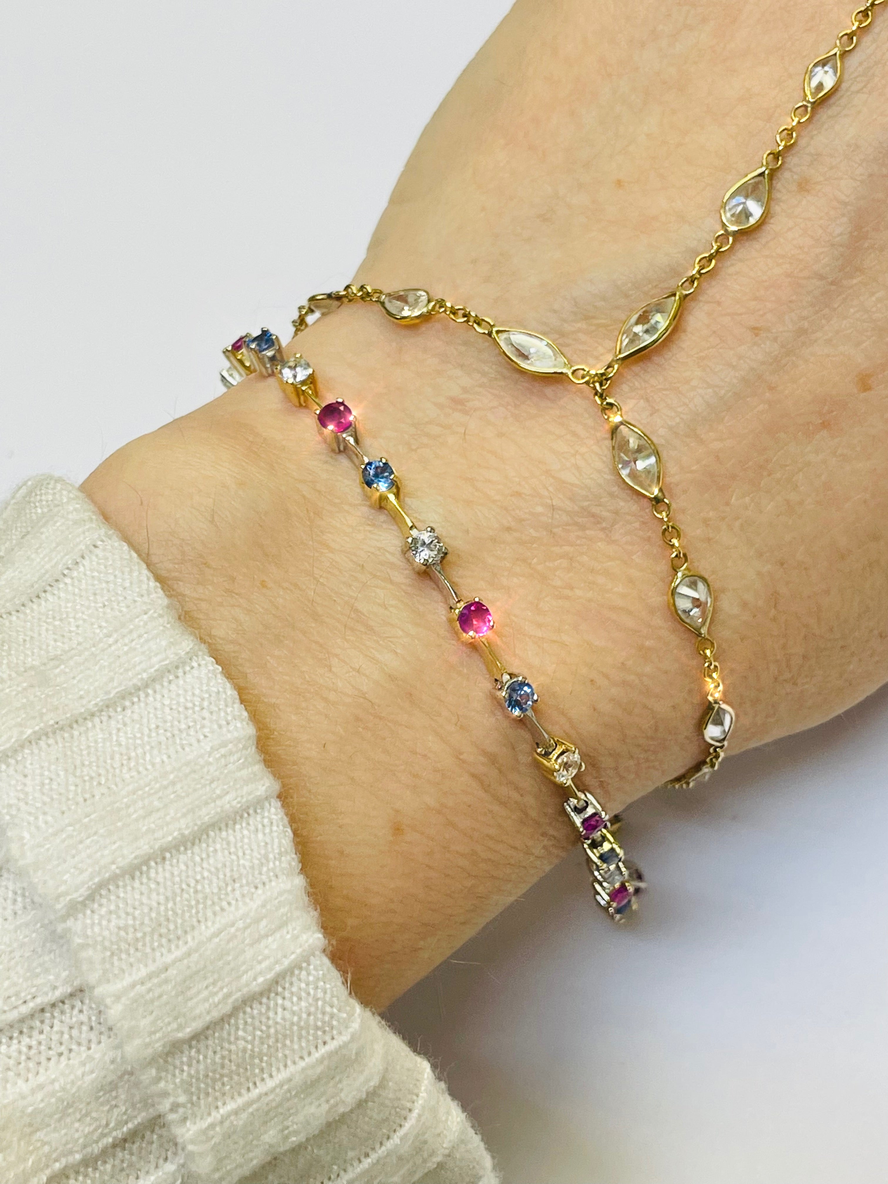 Red White and Blue Sapphire and Ruby Two Tone 14K White and Yellow Gold Bracelet