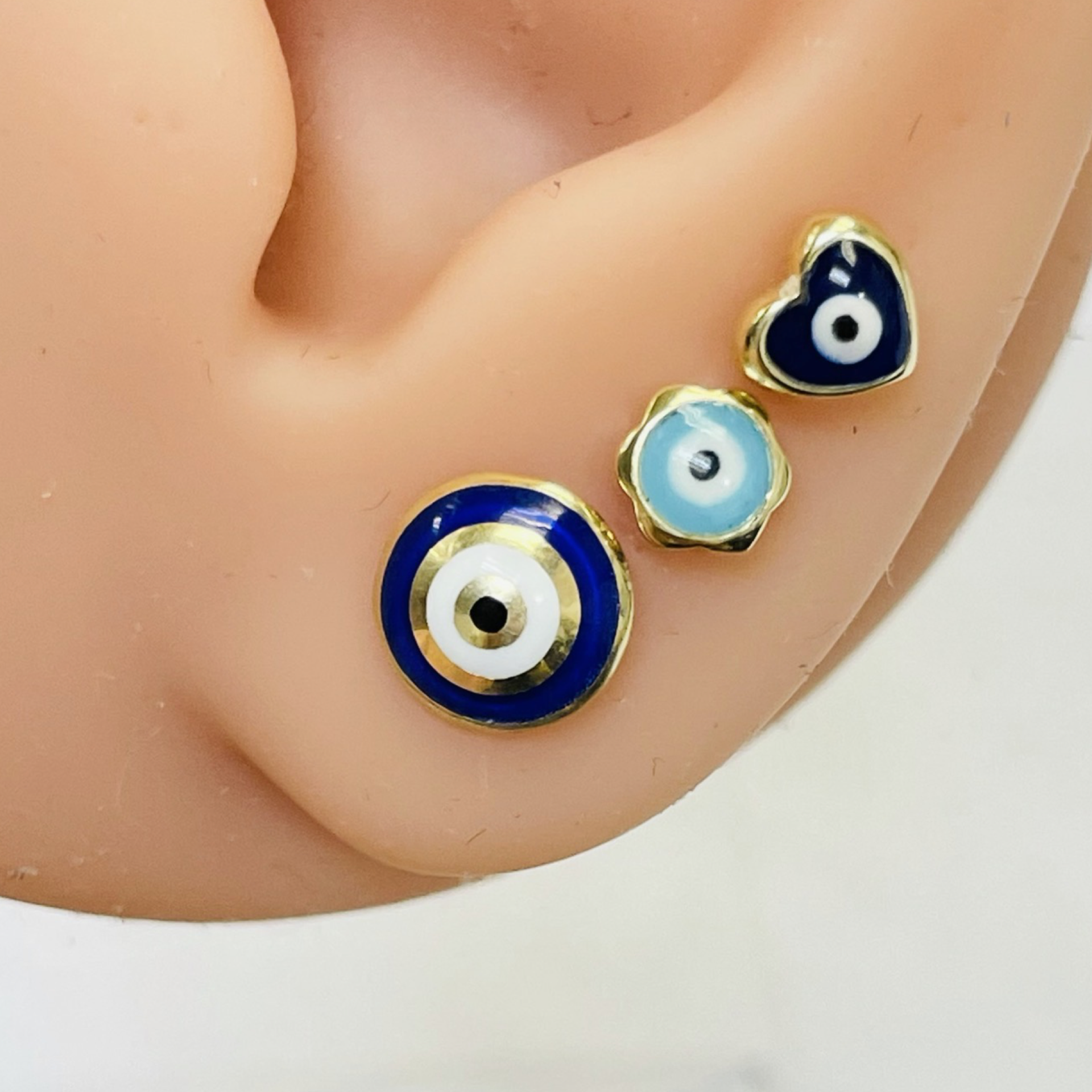 10K Yellow Gold 6x5mmHeart Blue Evil Eye Stud Earrings