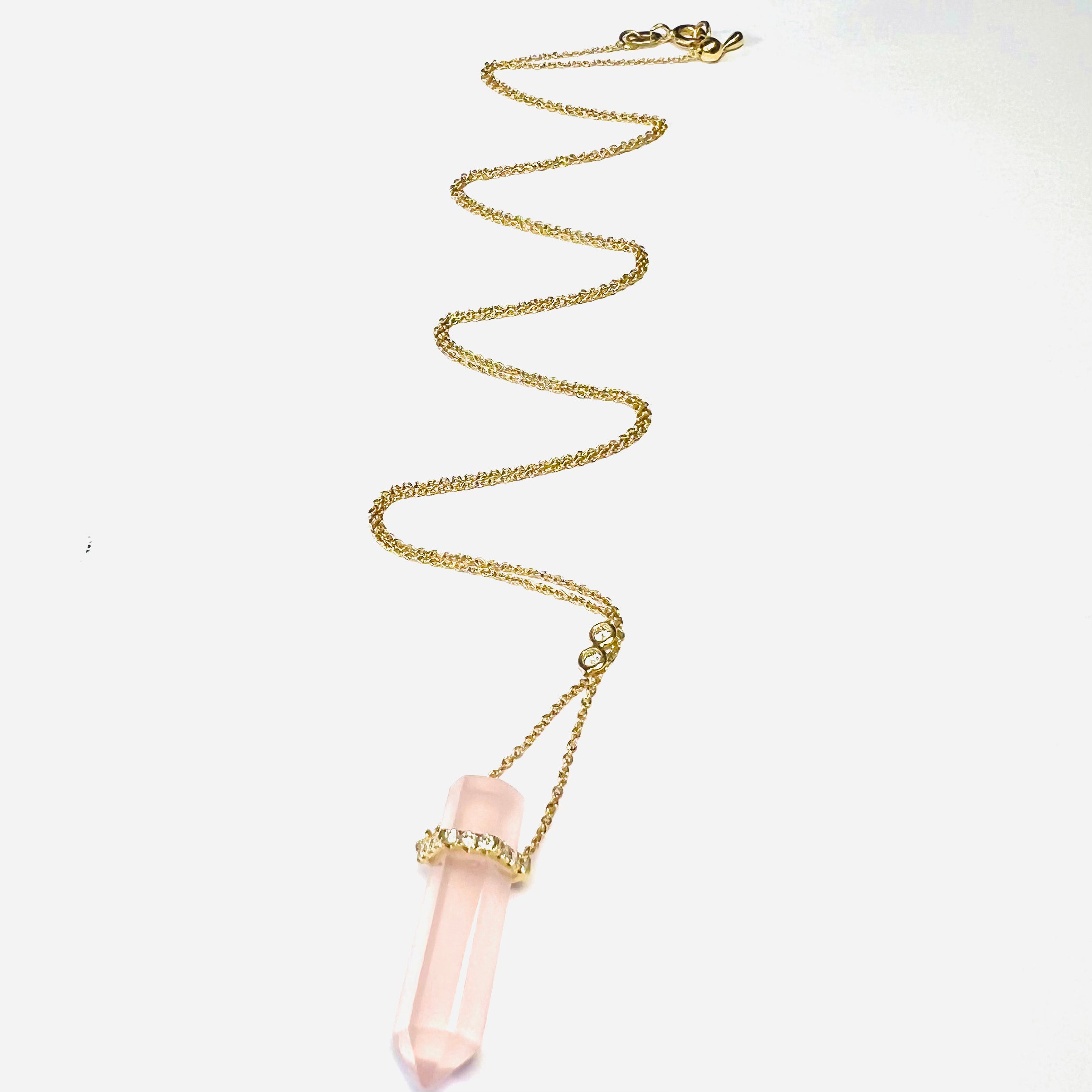 Rose Quartz with Diamonds 21" 18K Yellow Gold Necklace