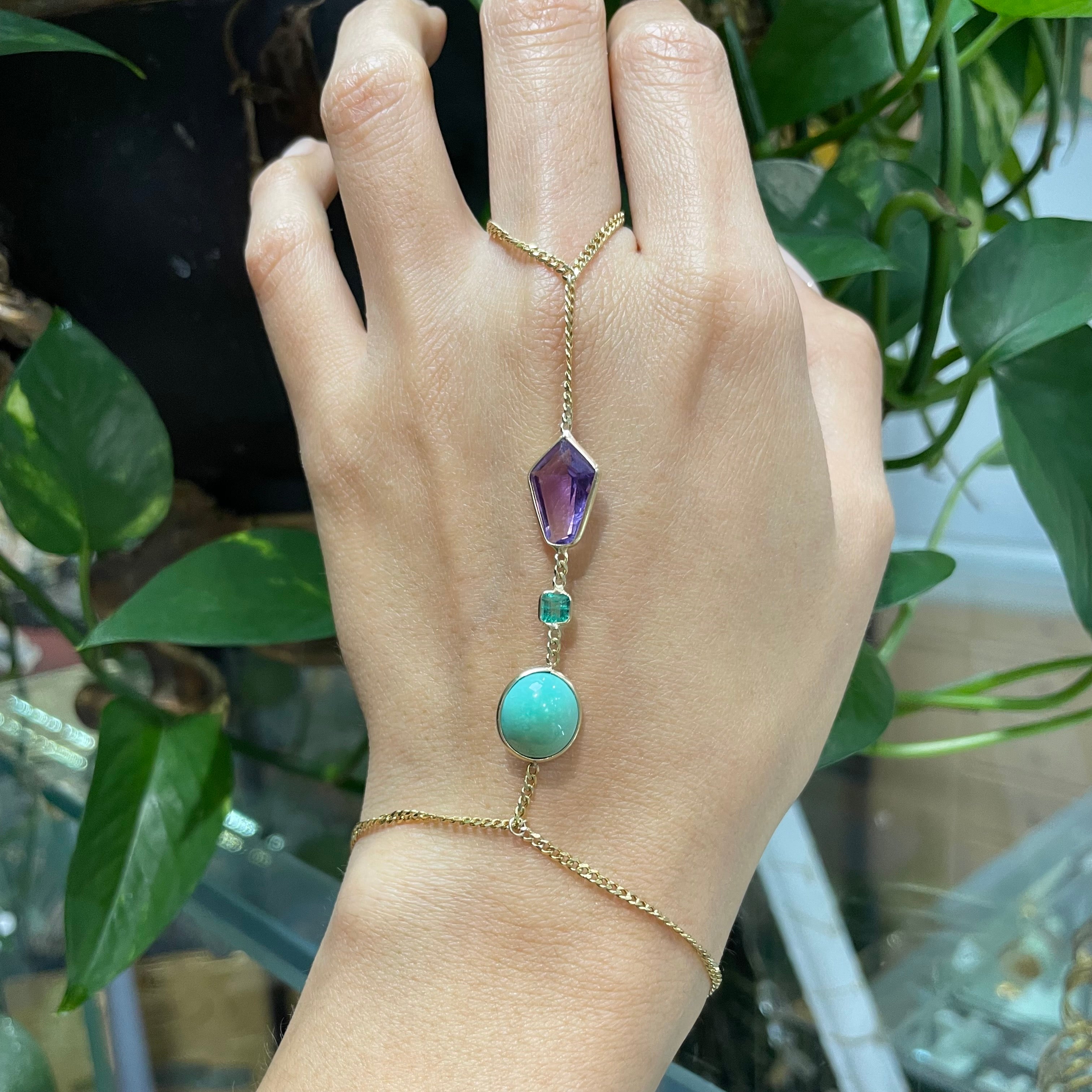 Turquoise Emerald Amethyst Handchain in solid 14k Yellow Gold