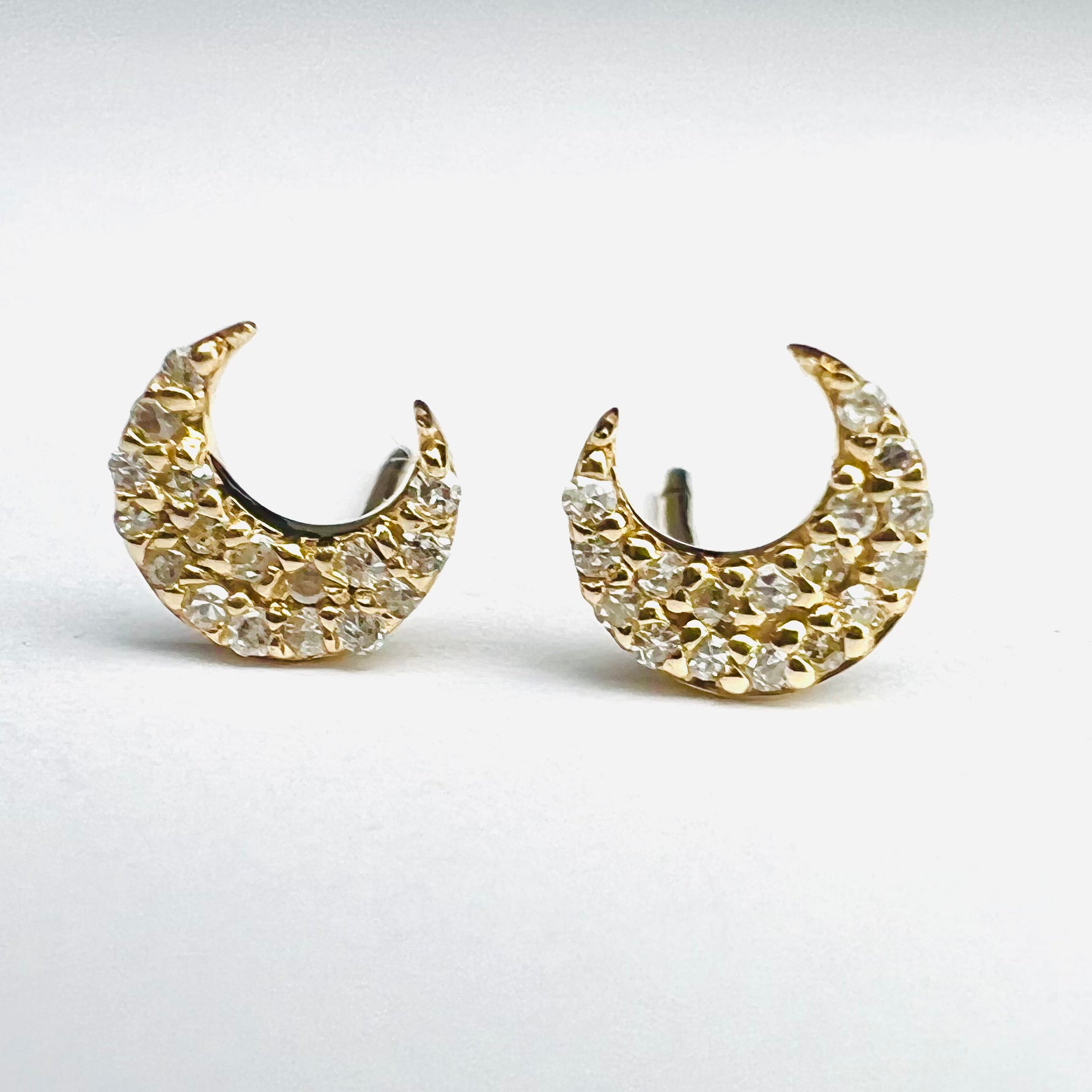 14k Yellow Gold Pave Diamond Moon Earring Studs 6x5mm