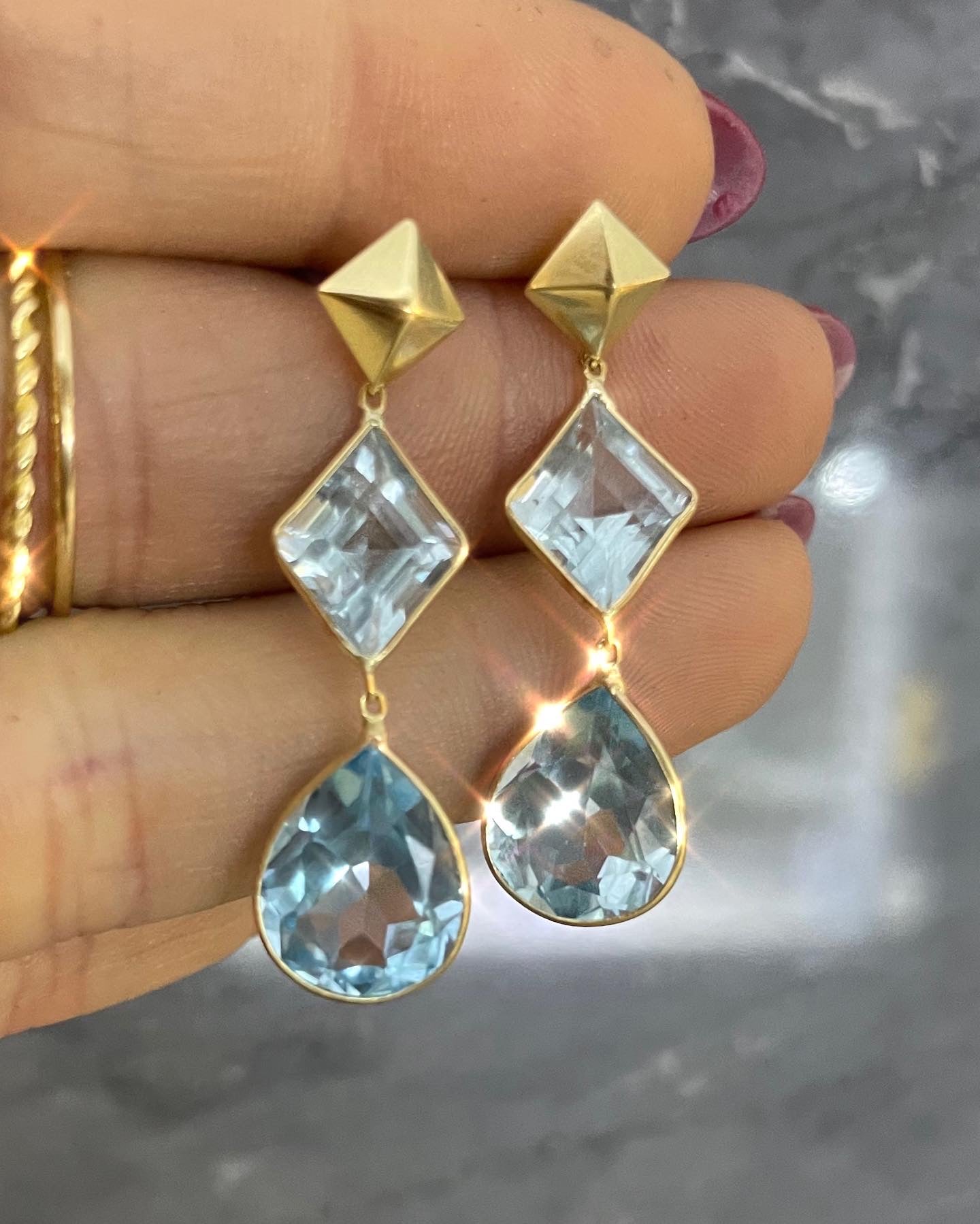 Blue Topaz Lozenge and Pear Shape Drop Earrings 14K Yellow Gold