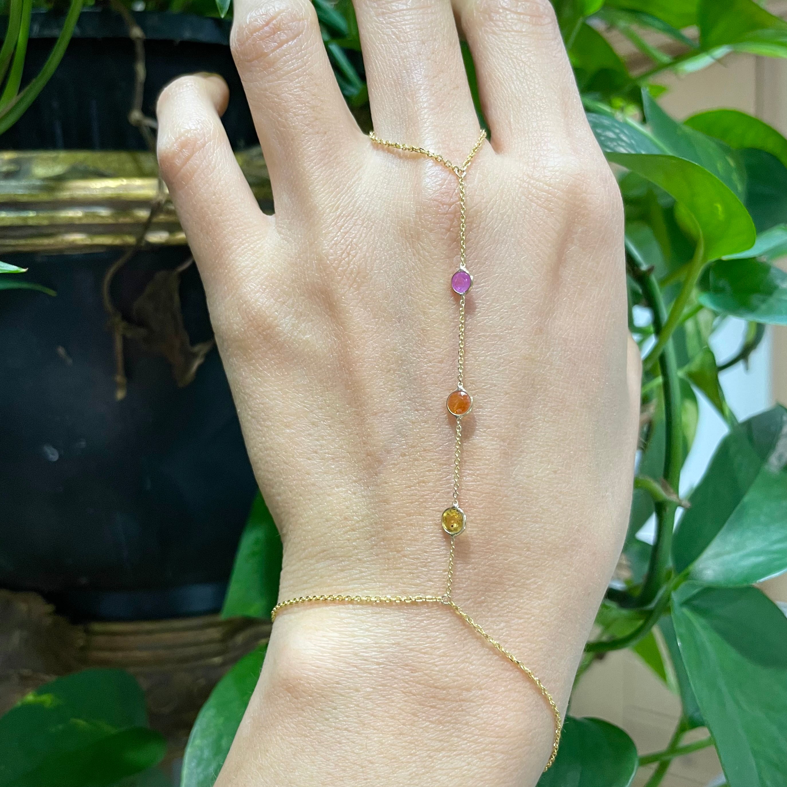 Multi-color Sapphires HandChain in solid 14k Yellow Gold