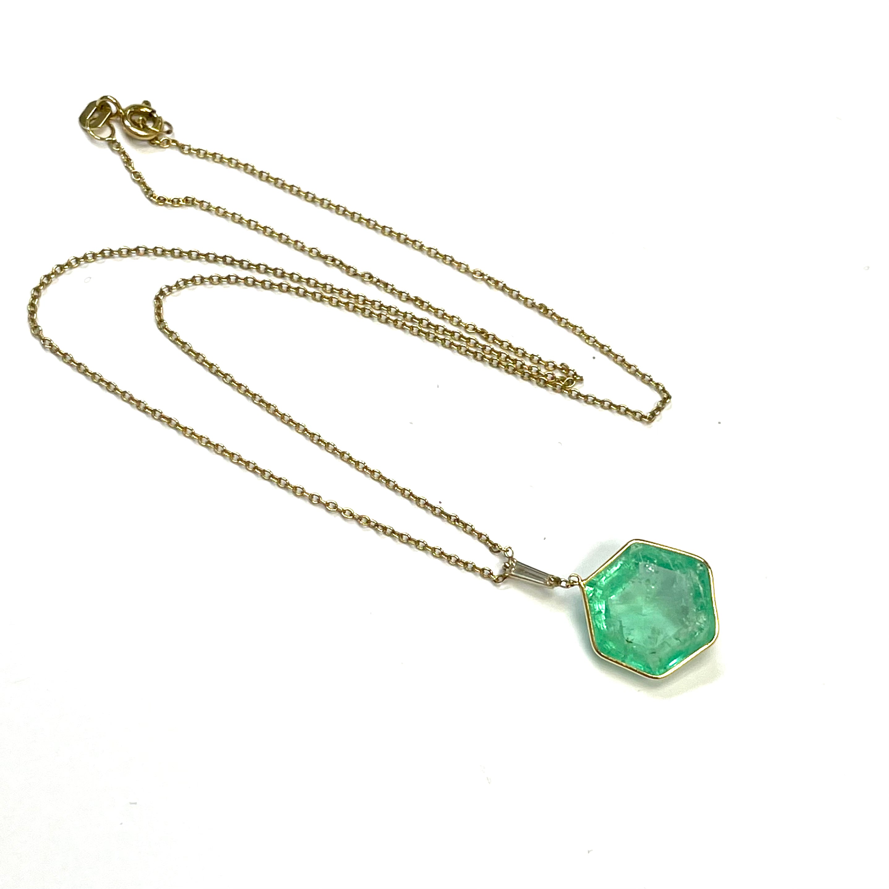 Hexagon Emerald and Tapered Diamond 16" 14k Yellow Gold Necklace