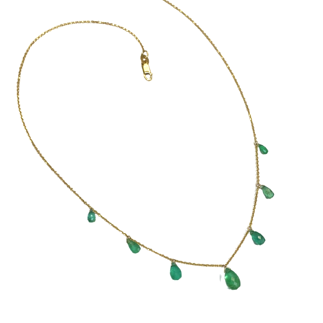 Seven Colombian Emeralds Briolette 16” 14K Yellow Gold Necklace