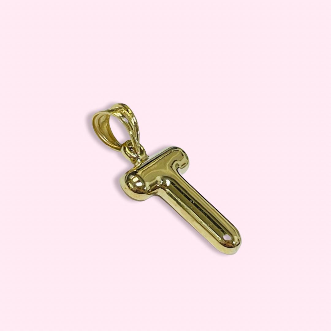 Initial T Puffy  Balloon Letter 10K Yellow Gold Pendant