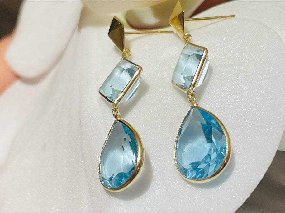 Blue Topaz Lozenge and Pear Shape Drop Earrings 14K Yellow Gold