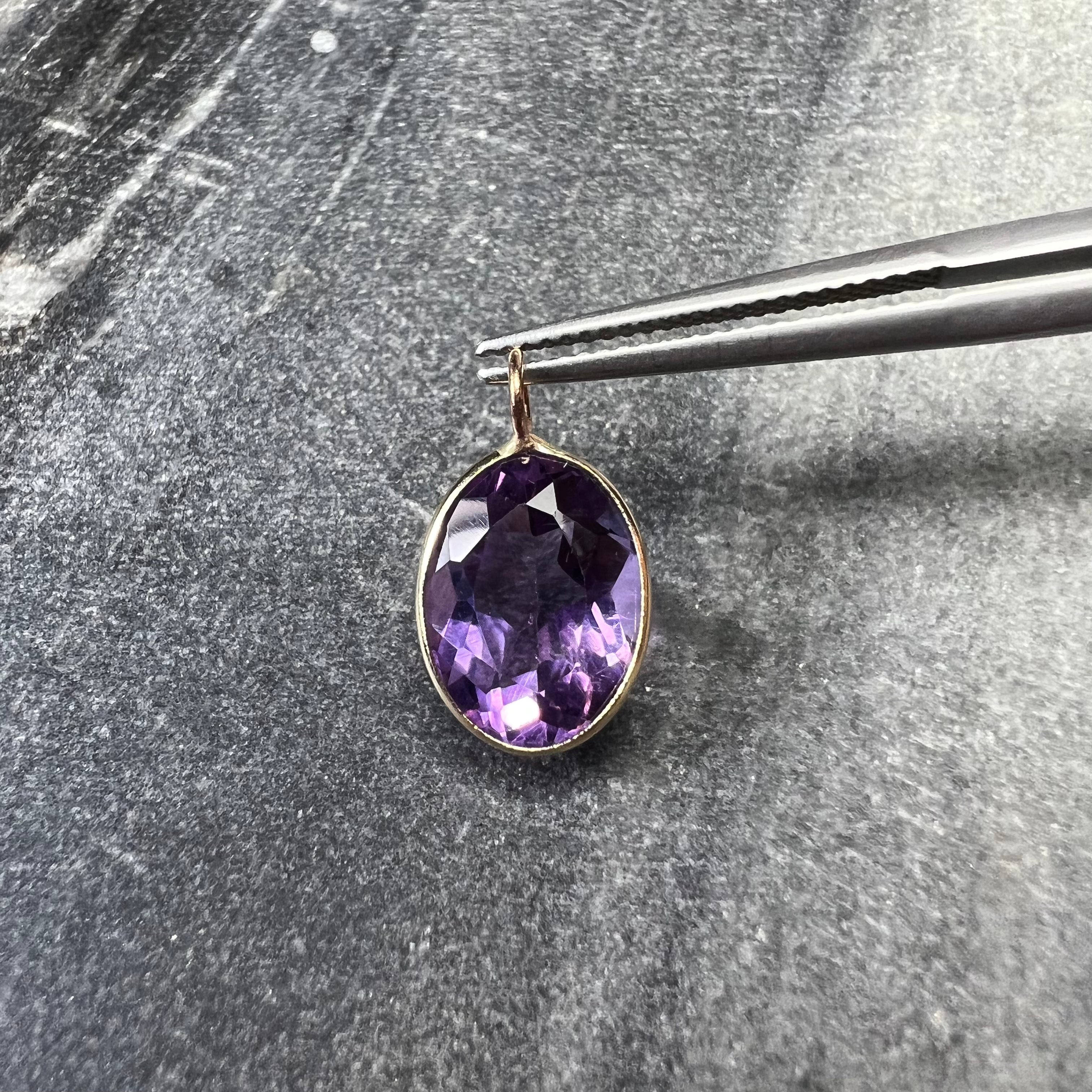 4.27CT Natural Oval Violet Amethyst 14K Yellow Gold Pendant Charm 17x10mm