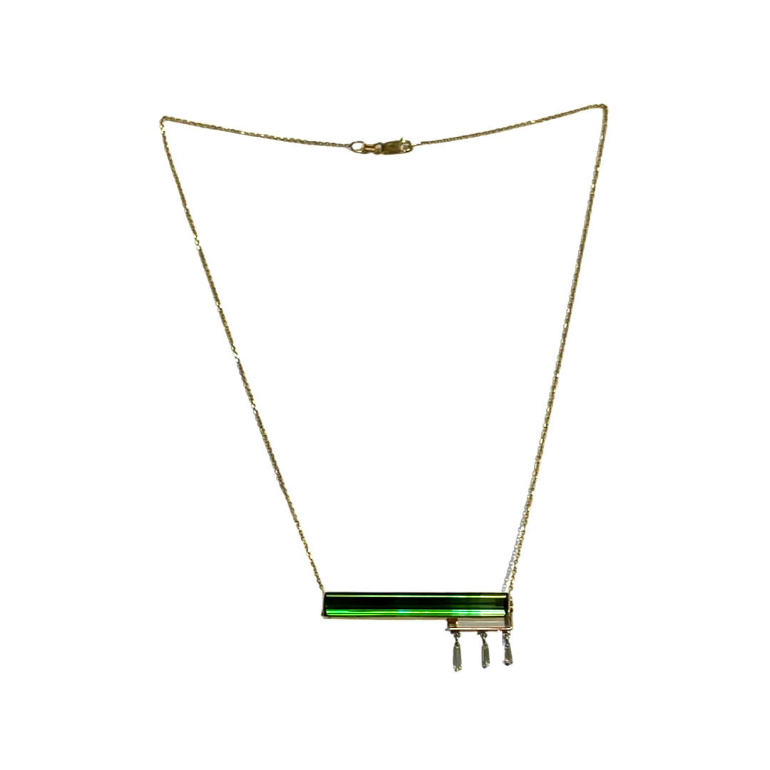Long Tourmaline Baguette and Diamond 16" 14K Yellow Gold  Necklace
