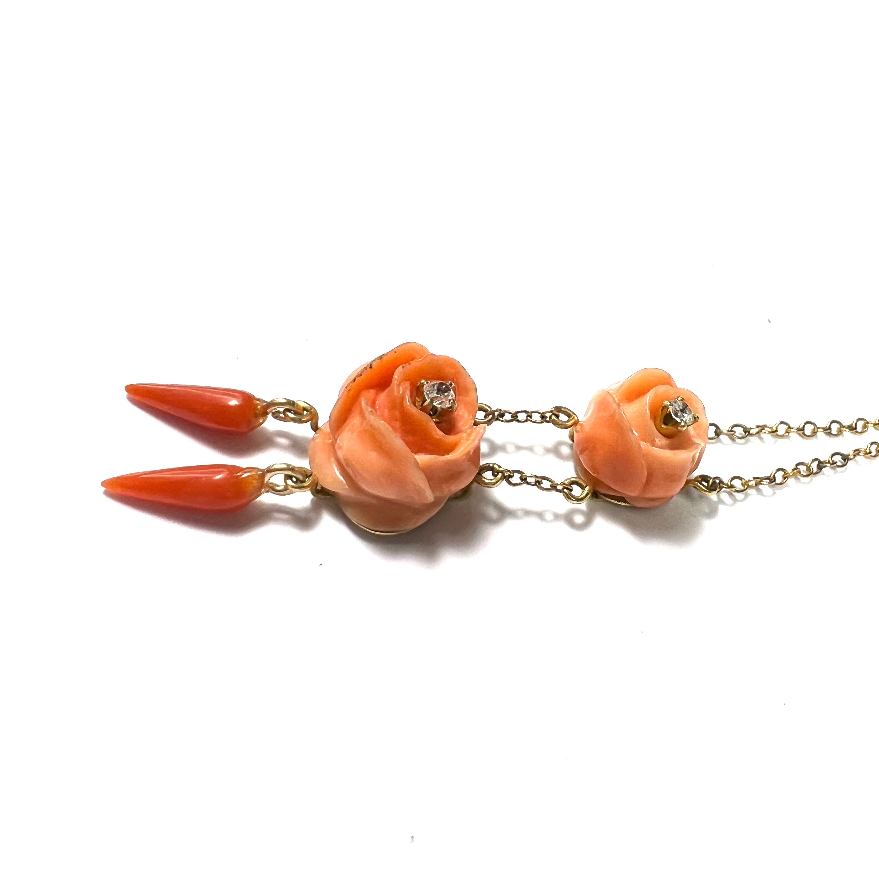 Rose Carved Orange Coral and Diamond 15" 14K Yellow Gold Necklace