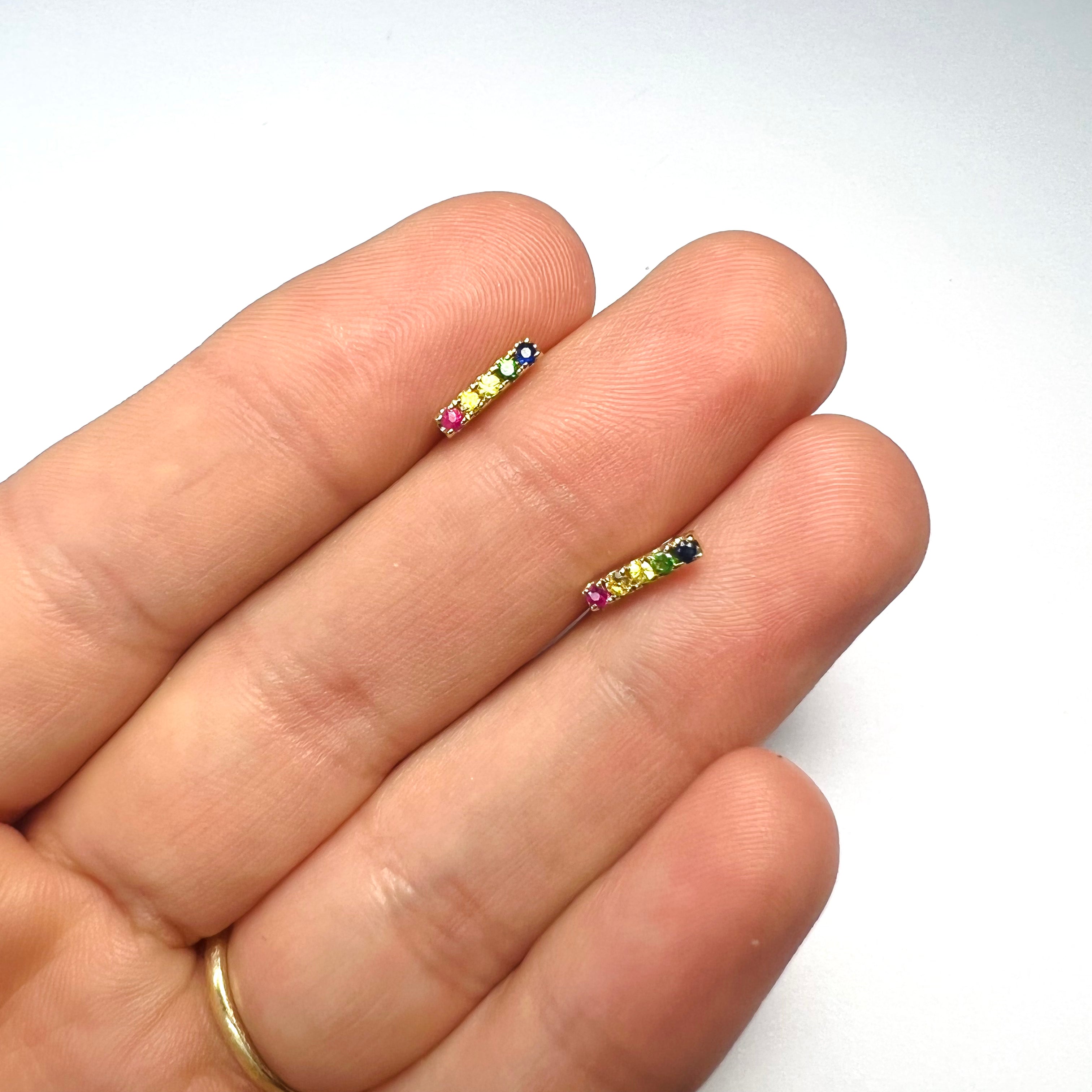 Natural Sapphire 14K Yellow Gold Rainbow Bar Earrings Multi Stone 10x2mm