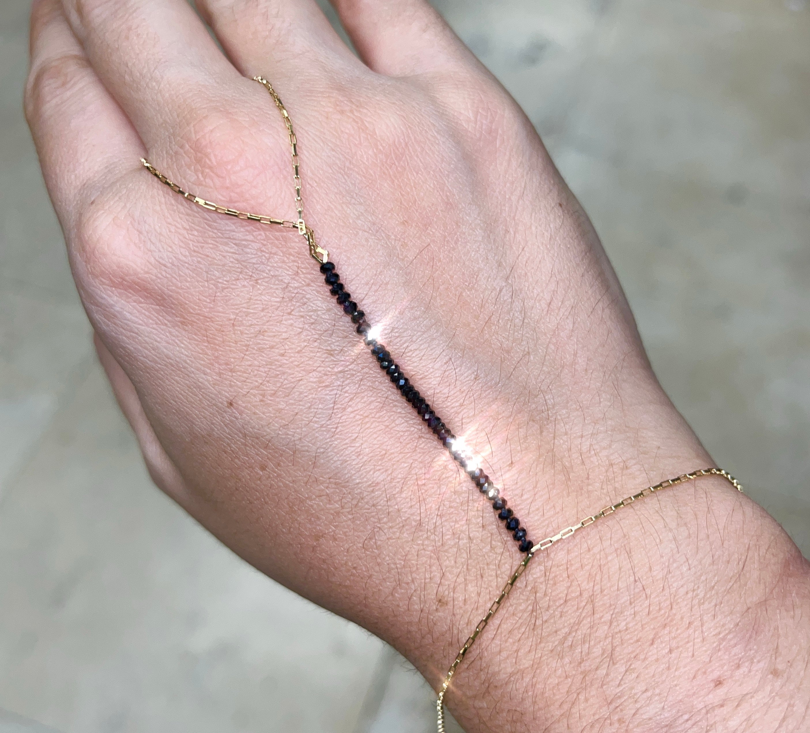 Black Spinel Square Link 14K Yellow Gold Hand Chain