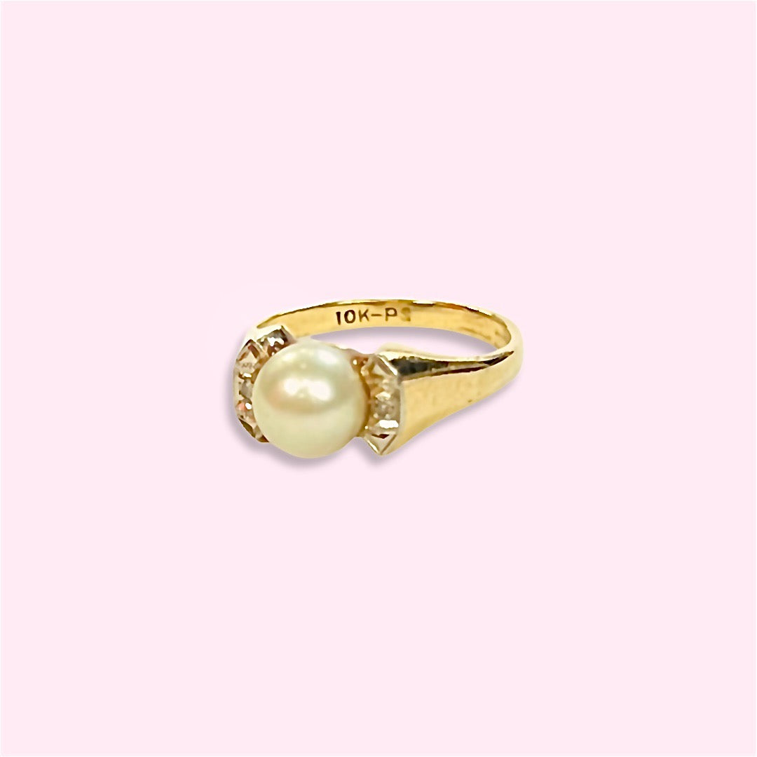 10K Yellow gold Deco Antique Pearl And Diamond Ring