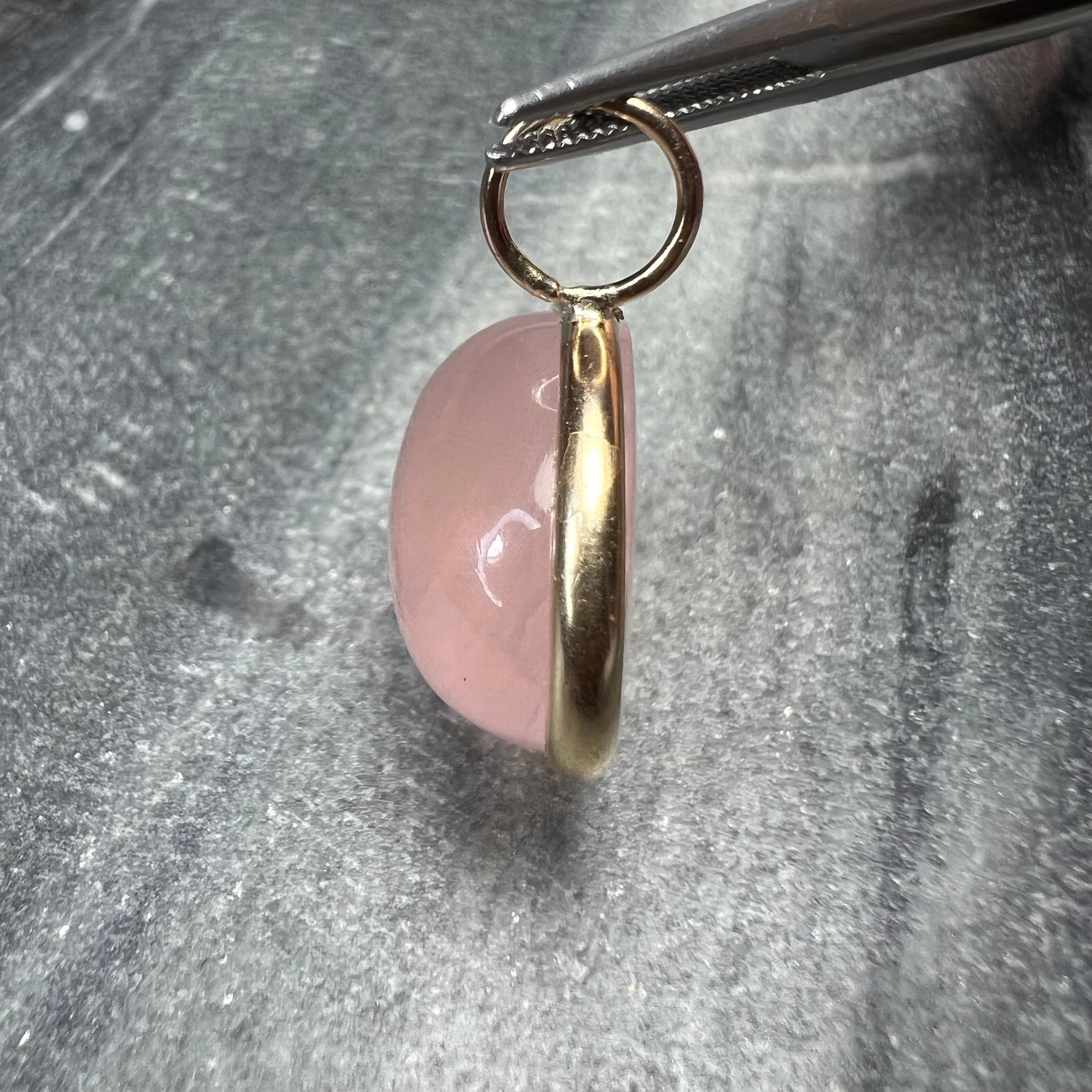 26.5CT Natural Cabochon Rose Quartz 14K Yellow Gold Pendant Charm 25x23mm