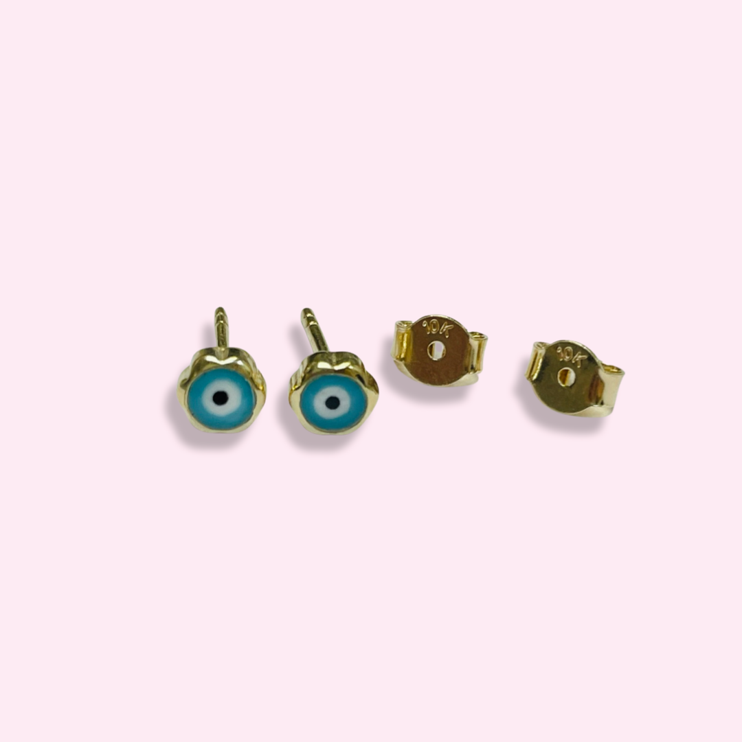 10K Yellow Gold 5mm Teal Blue Evil Eye Stud Earrings